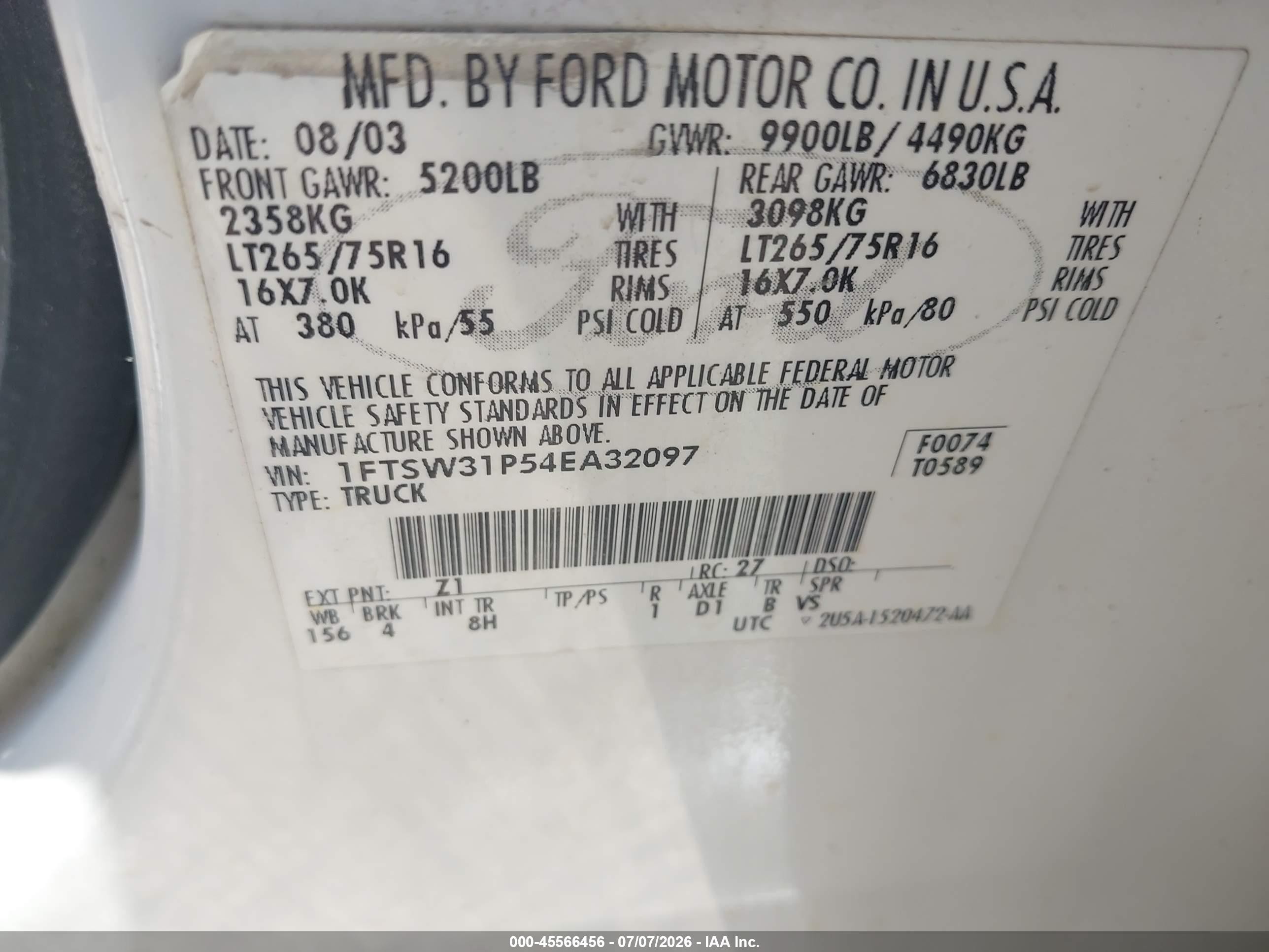 2004 Ford F-350 Lariat/xl/xlt White vin: 1FTSW31P54EA32097
