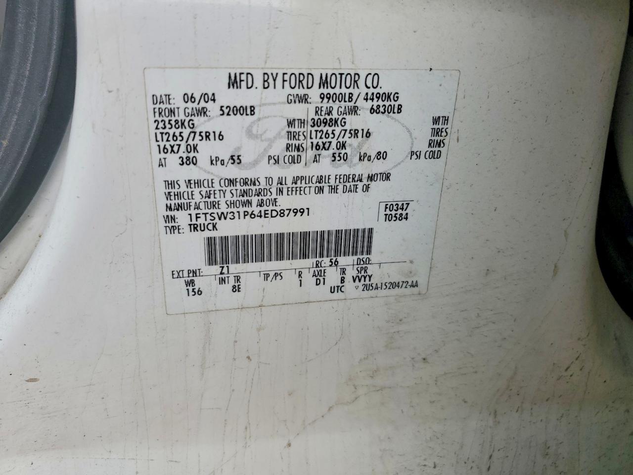 2004 Ford F350 Srw Super Duty White vin: 1FTSW31P64ED87991