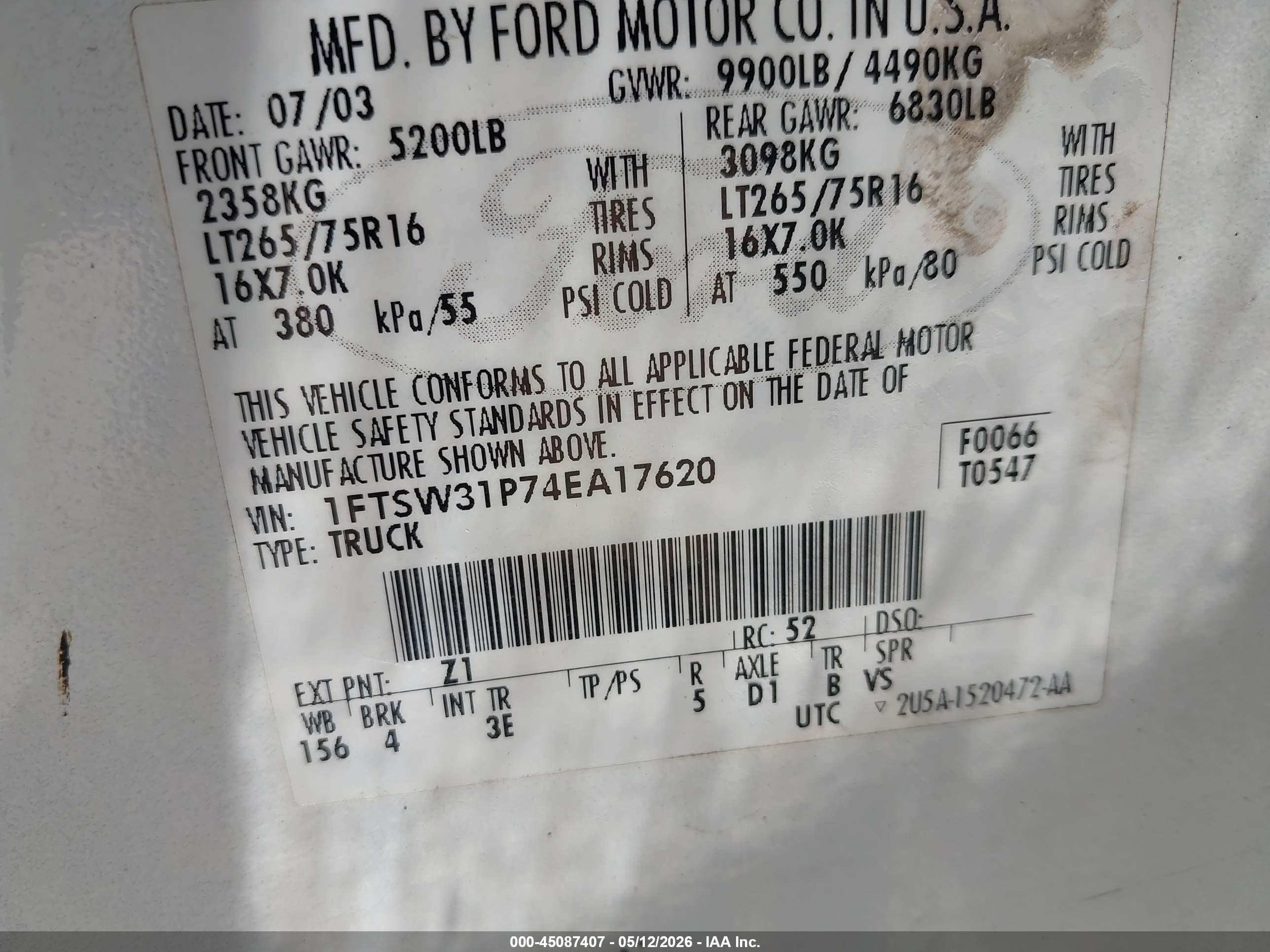 2004 Ford F-350 Lariat/xl/xlt Белый vin: 1FTSW31P74EA17620