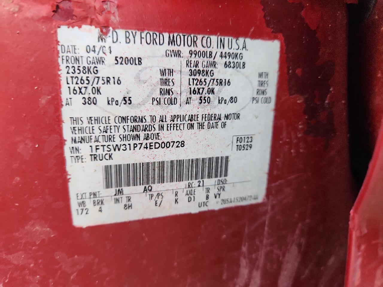 2004 Ford F350 Srw Super Duty Red vin: 1FTSW31P74ED00728