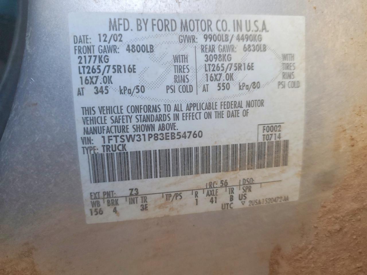 2003 Ford F350 Srw Super Duty Silver vin: 1FTSW31P83EB54760