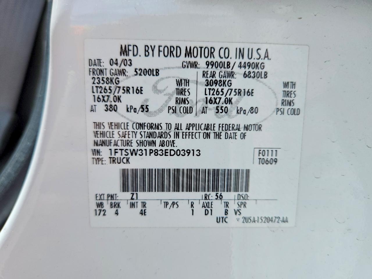 2003 Ford F350 Srw Super Duty White vin: 1FTSW31P83ED03913