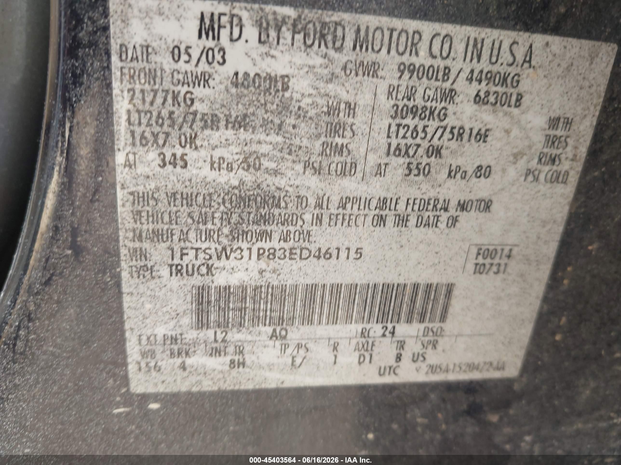 2003 Ford F-350 Lariat/xl/xlt Black vin: 1FTSW31P83ED46115