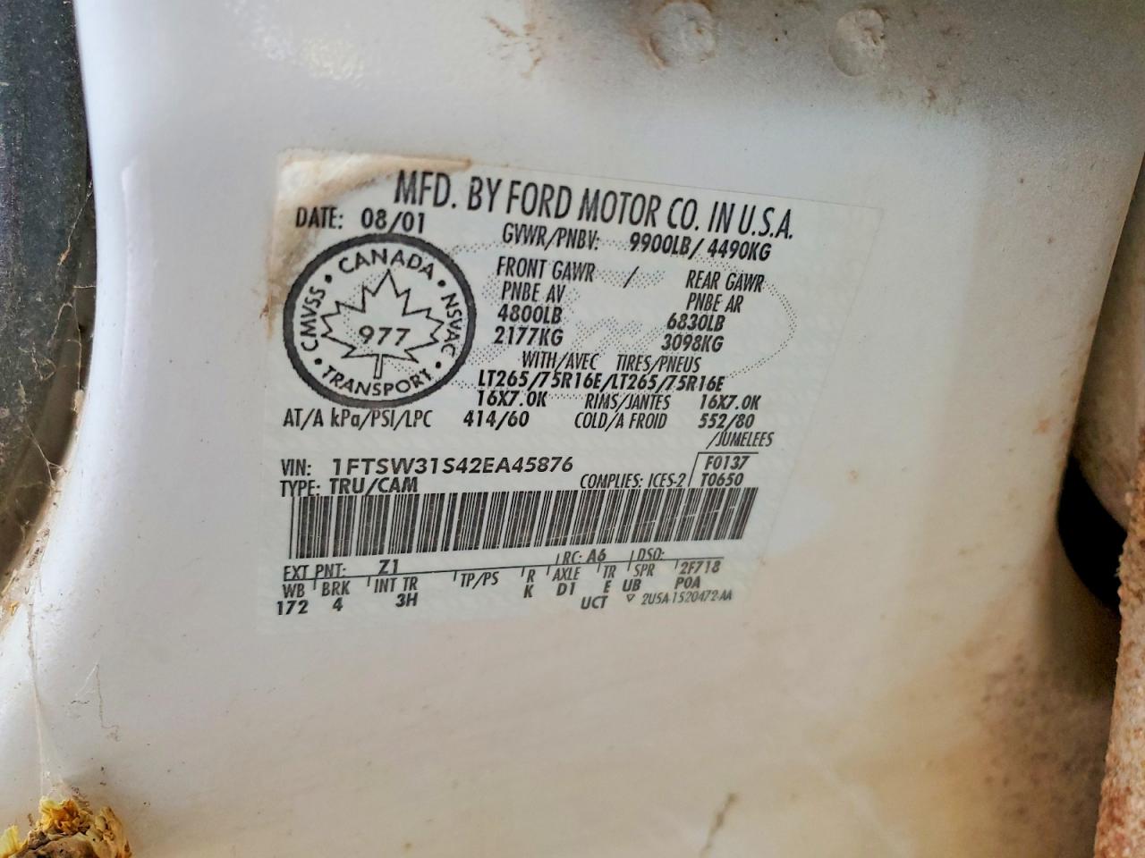 2002 Ford F350 Srw Super Duty White vin: 1FTSW31S42EA45876