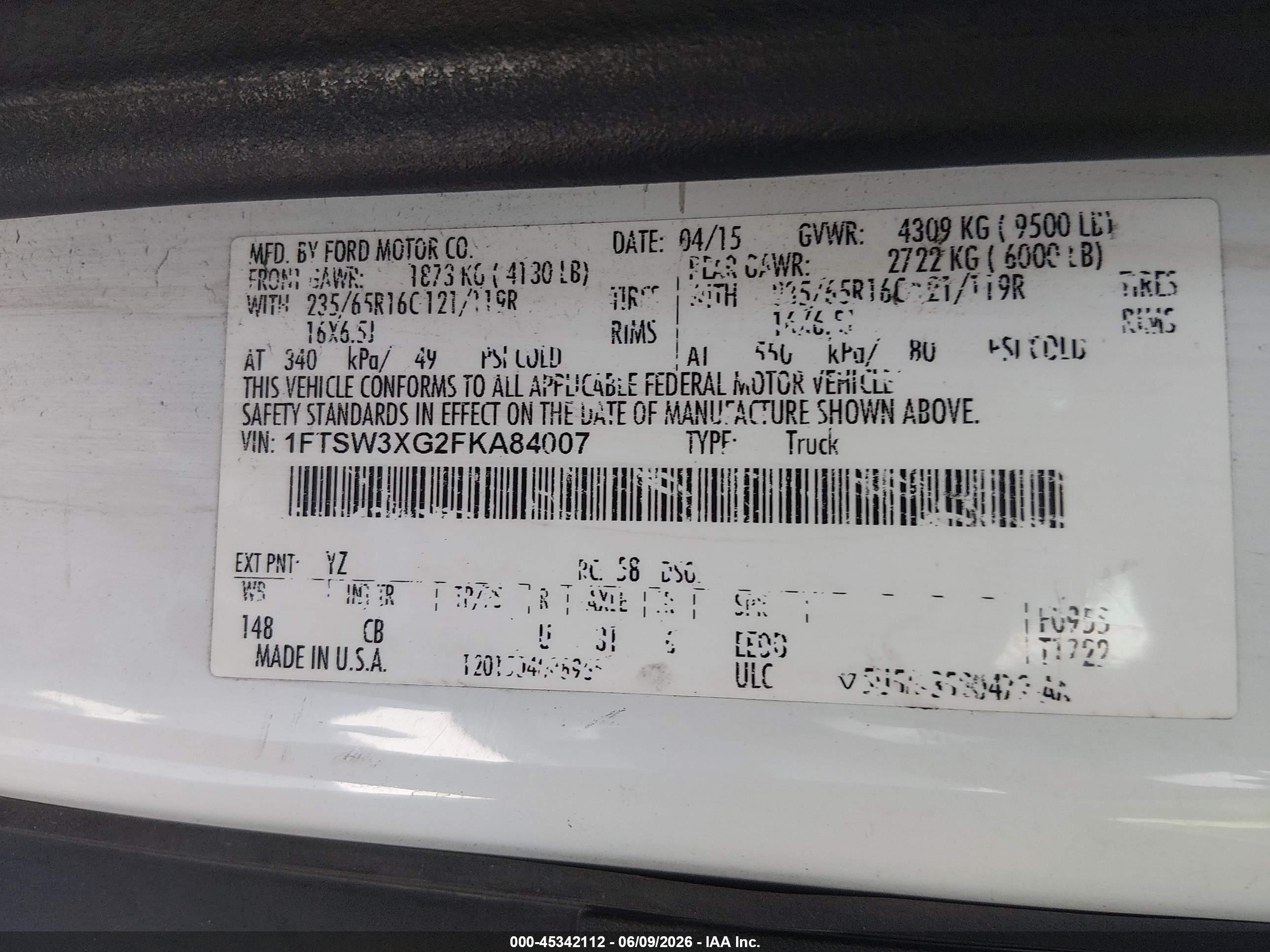 2015 Ford Transit-350   White vin: 1FTSW3XG2FKA84007