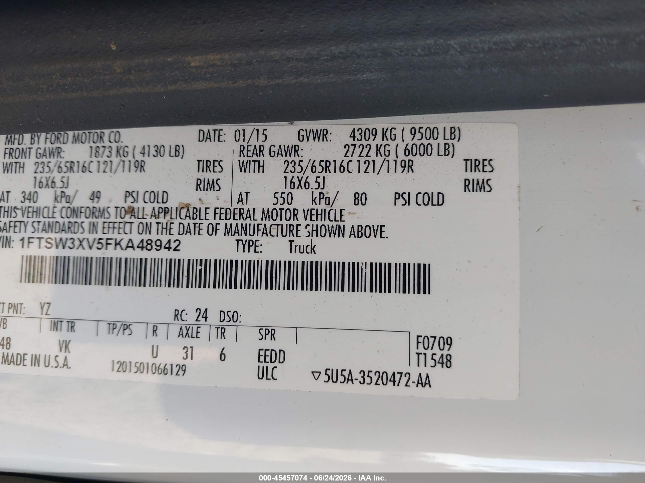 2015 Ford Transit-350   White vin: 1FTSW3XV5FKA48942