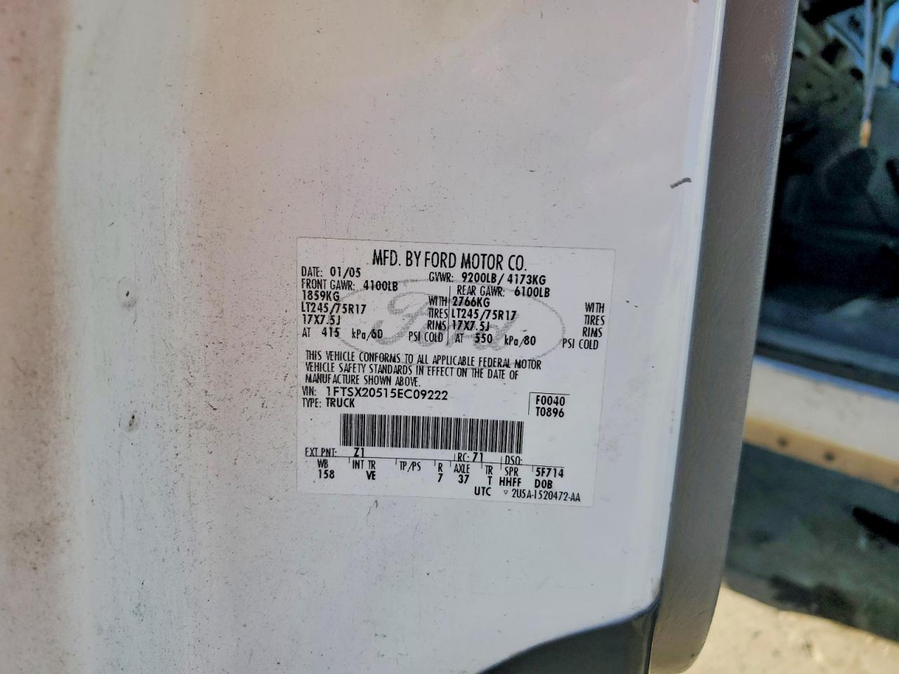 2005 Ford F250 Super Duty White vin: 1FTSX20515EC09222