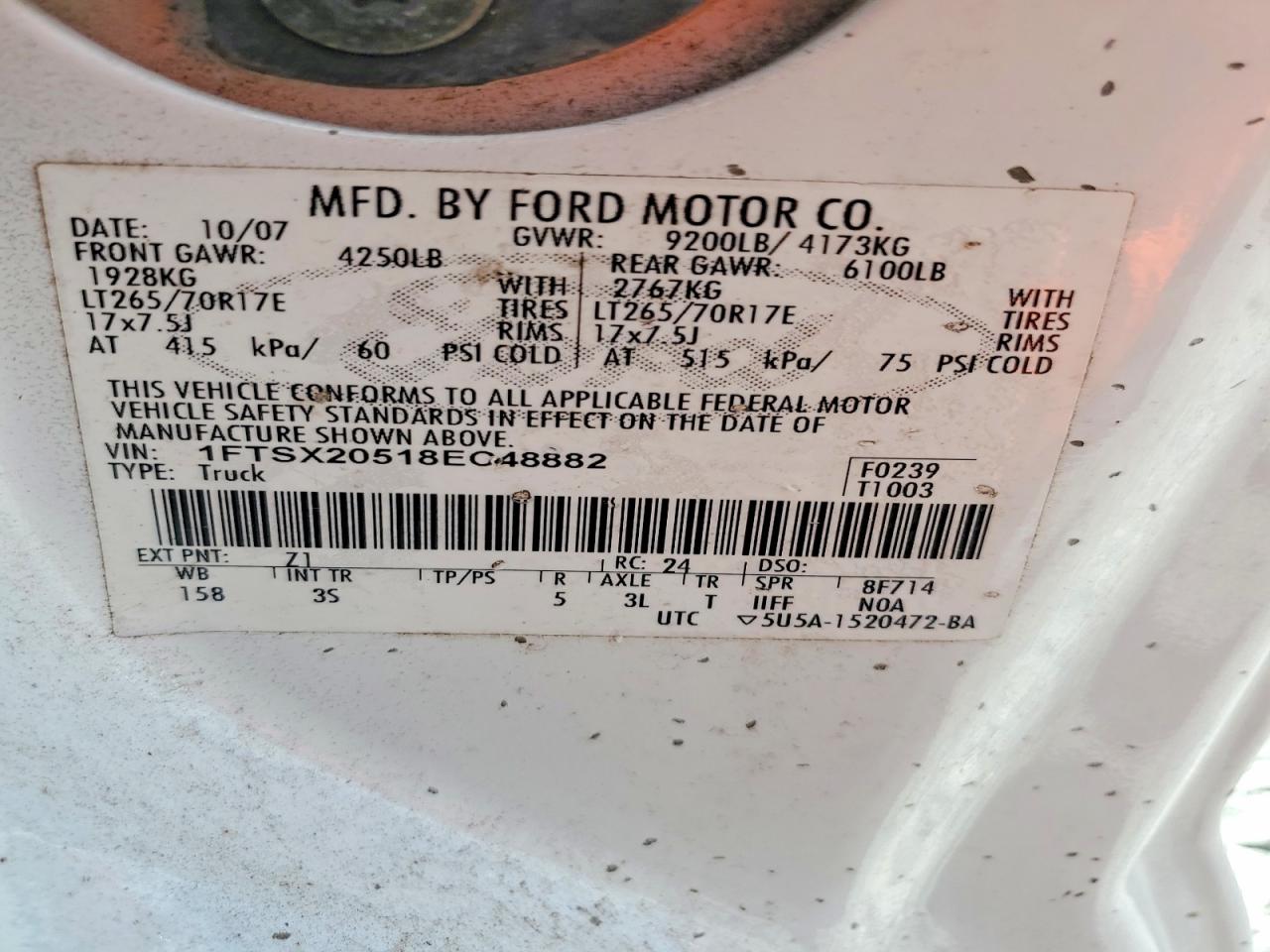 2008 Ford F250 Super Duty White vin: 1FTSX20518EC48882
