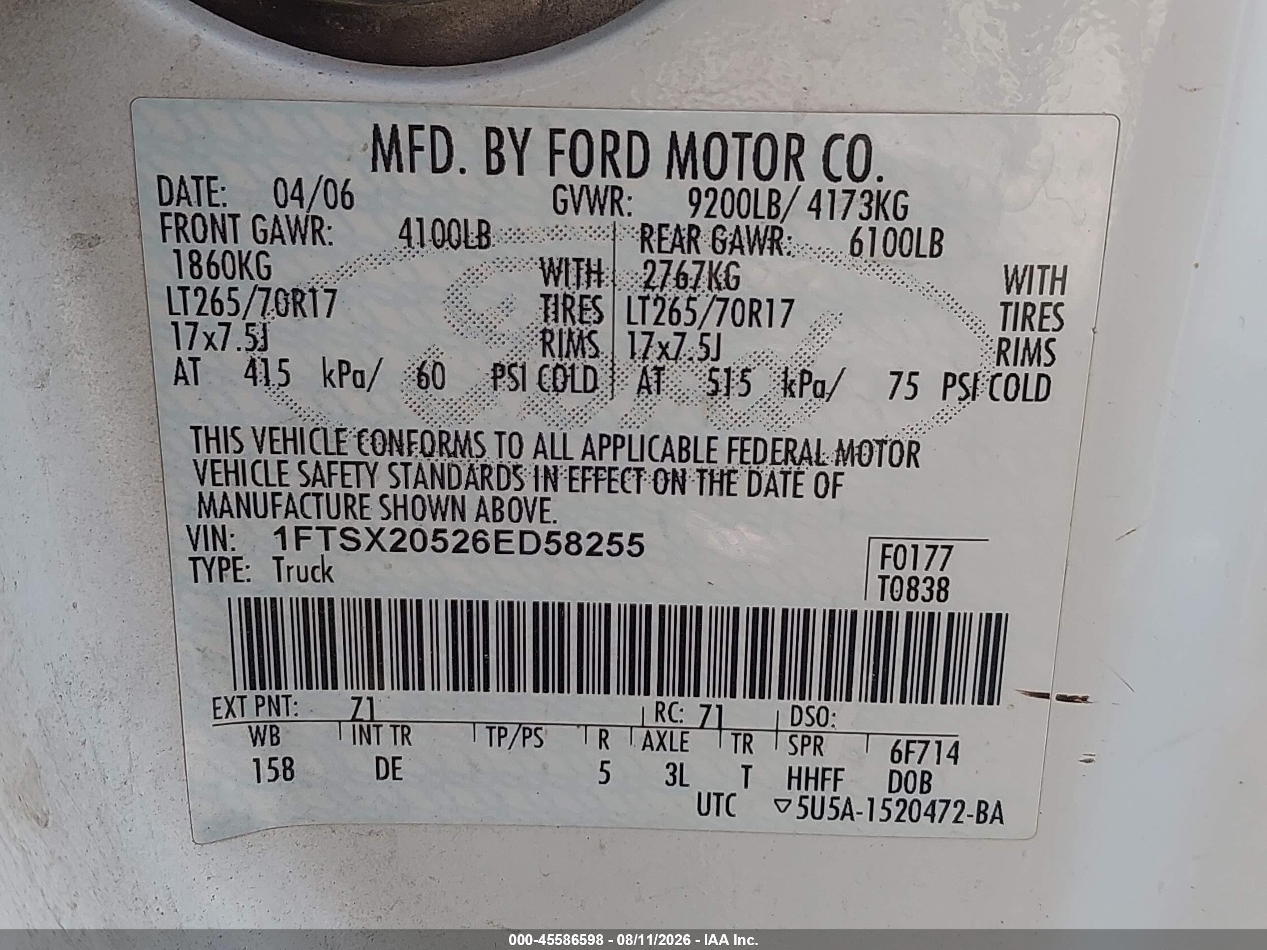 2006 Ford F-250 Lariat/xl/xlt White vin: 1FTSX20526ED58255