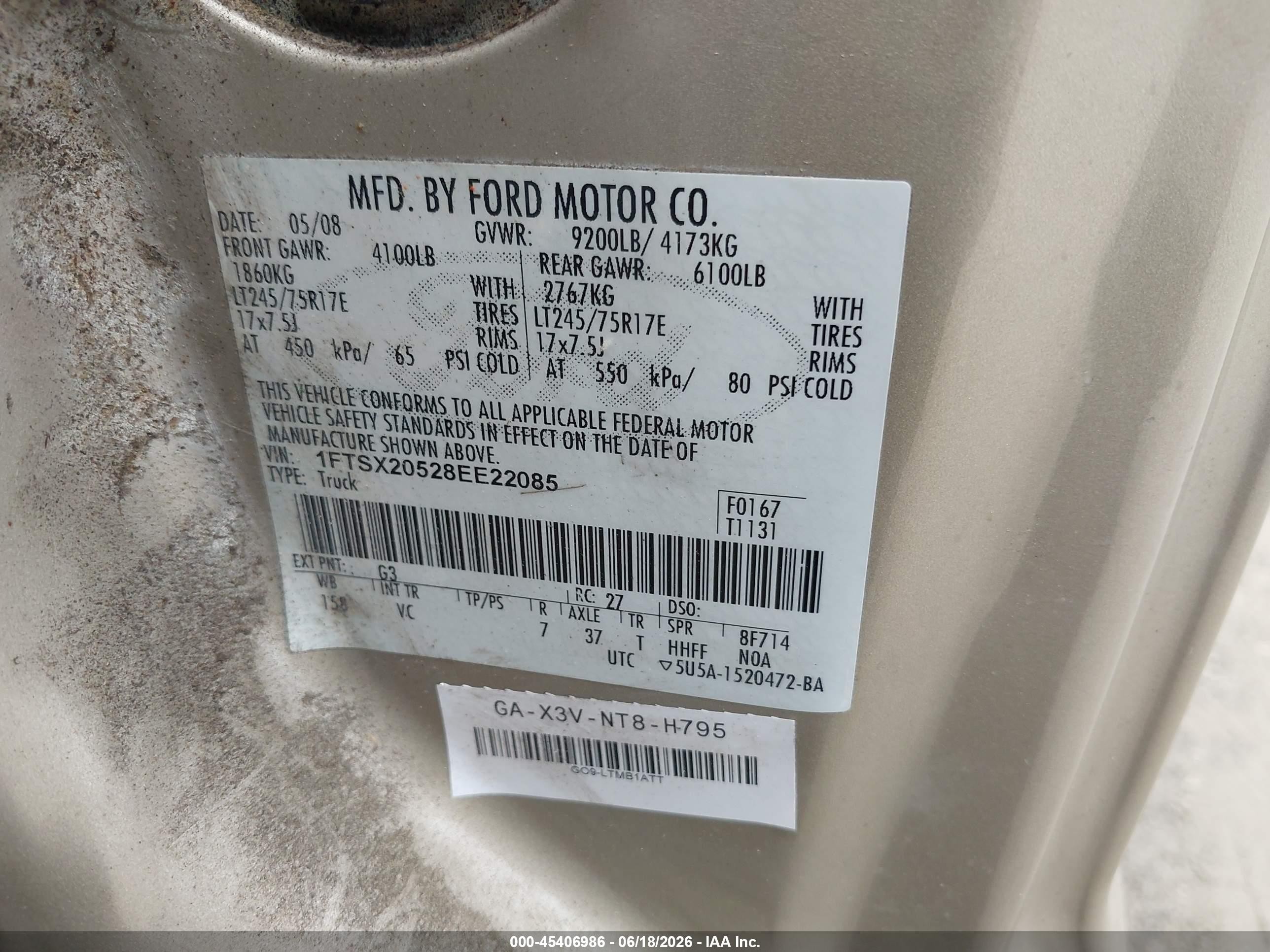 2008 Ford F-250 Lariat/xl/xlt Золотой vin: 1FTSX20528EE22085