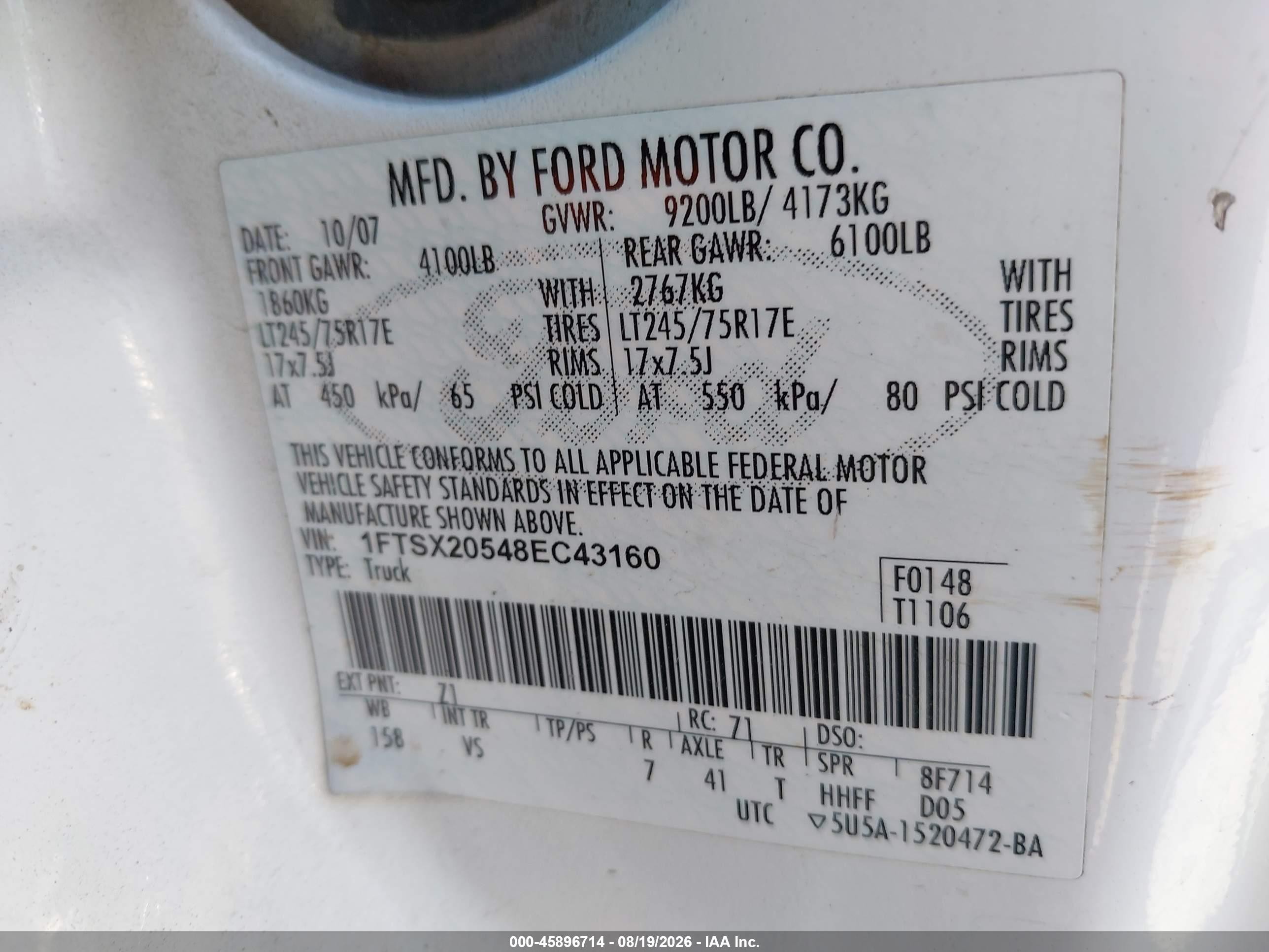 2008 Ford Super Duty F-250 Srw Lariat/xl/xlt White vin: 1FTSX20548EC43160