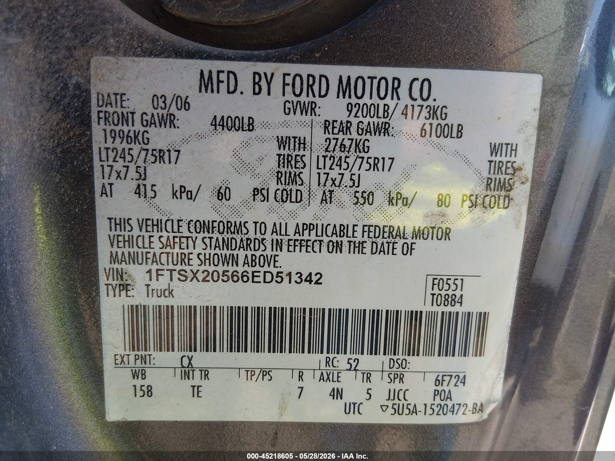 2006 Ford F-250 Lariat/xl/xlt Gray vin: 1FTSX20566ED51342