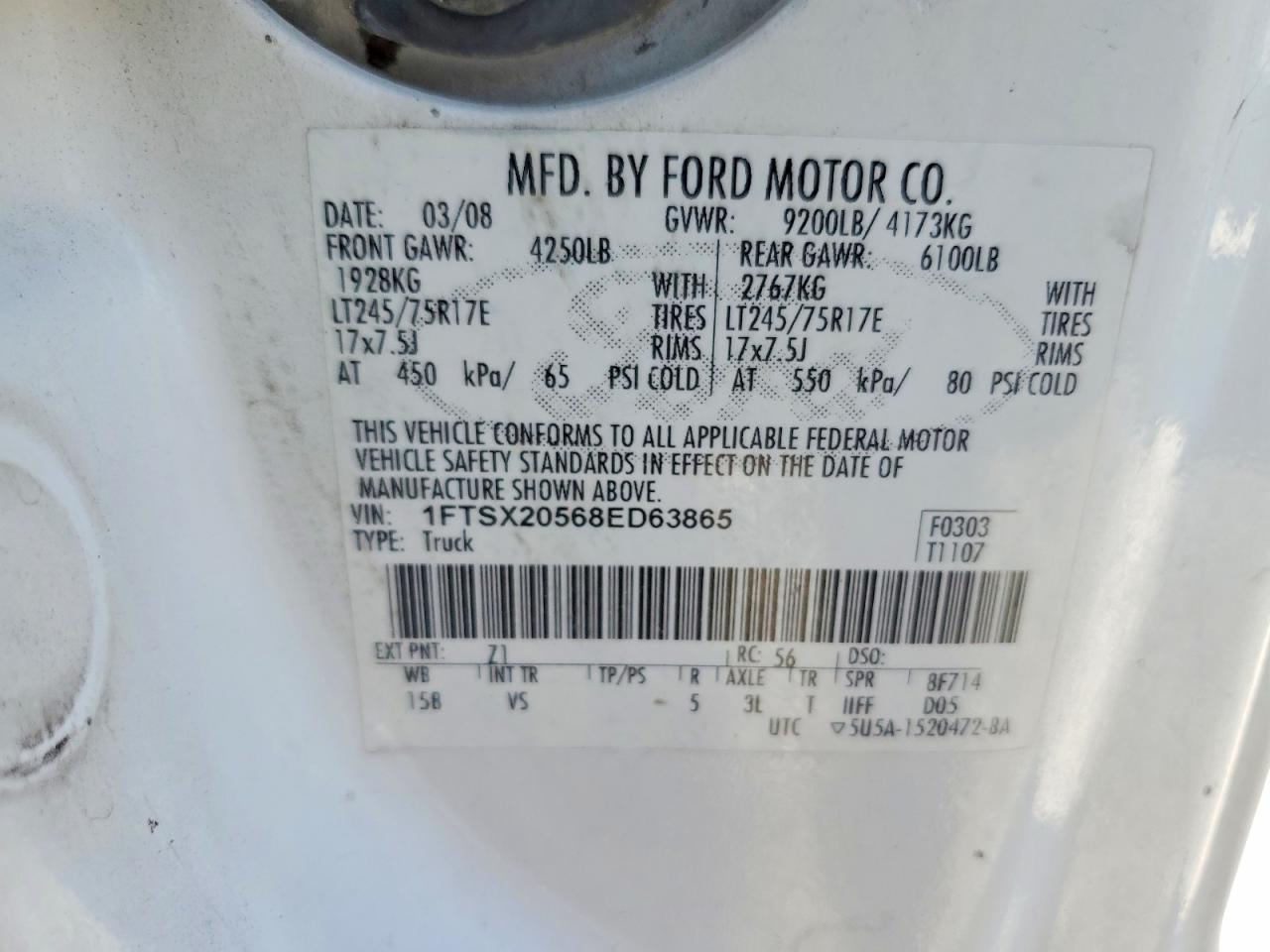 2008 Ford F250 Super Duty White vin: 1FTSX20568ED63865