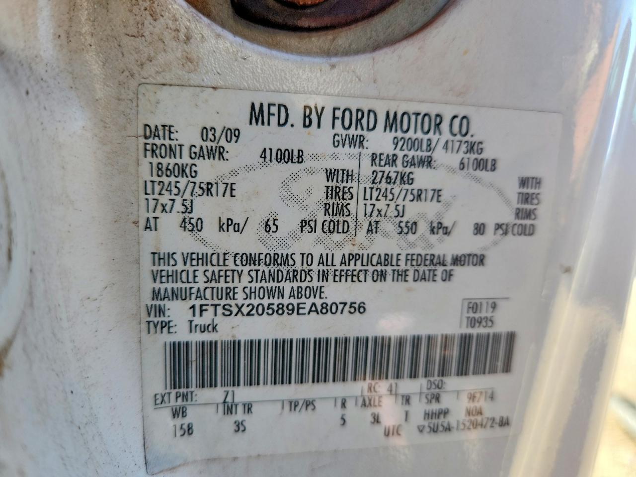 2009 Ford F250 Super Duty White vin: 1FTSX20589EA80756