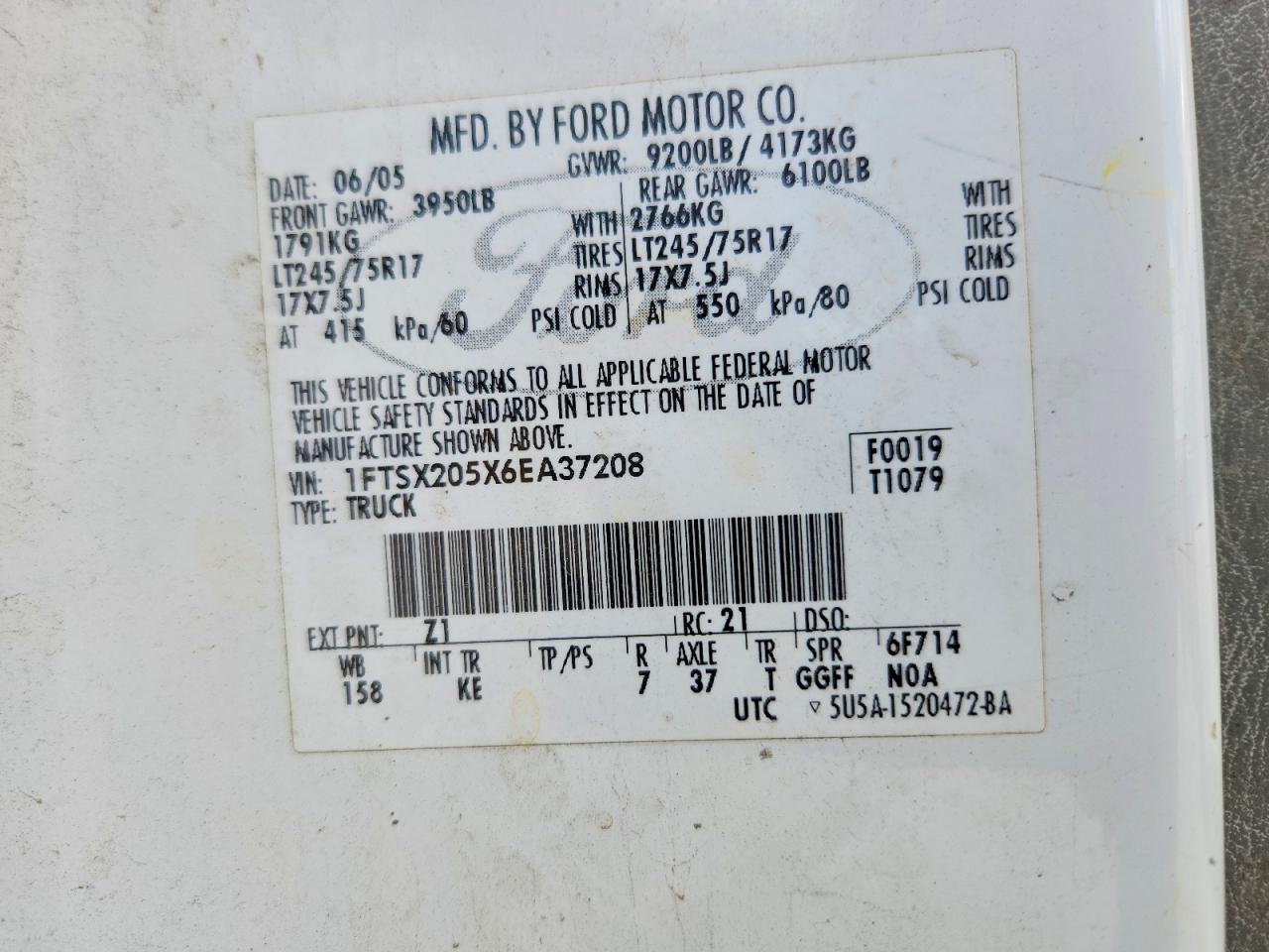 2006 Ford F250 Super Duty White vin: 1FTSX205X6EA37208