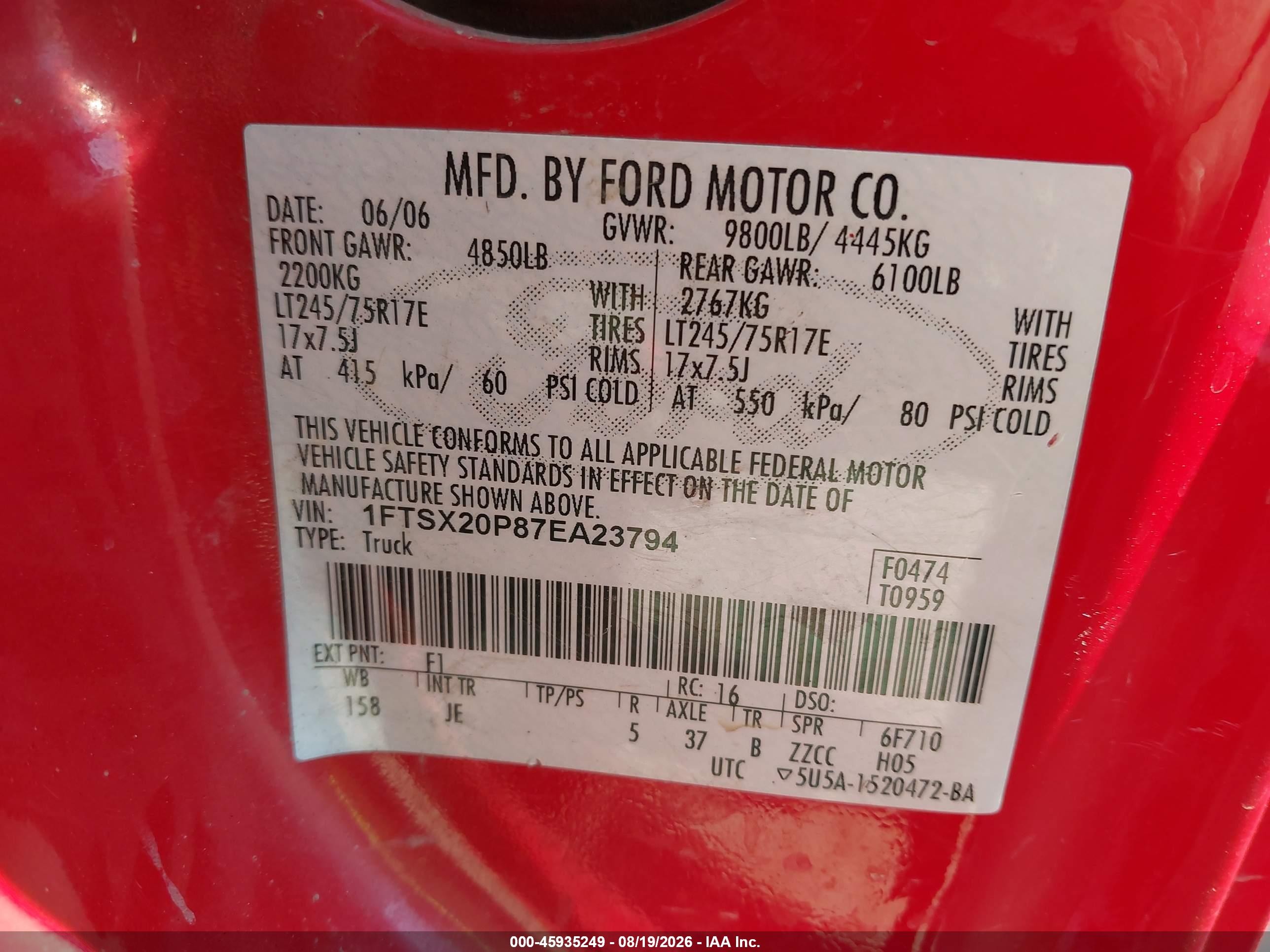 2007 Ford F-250 Lariat/xl/xlt Red vin: 1FTSX20P87EA23794