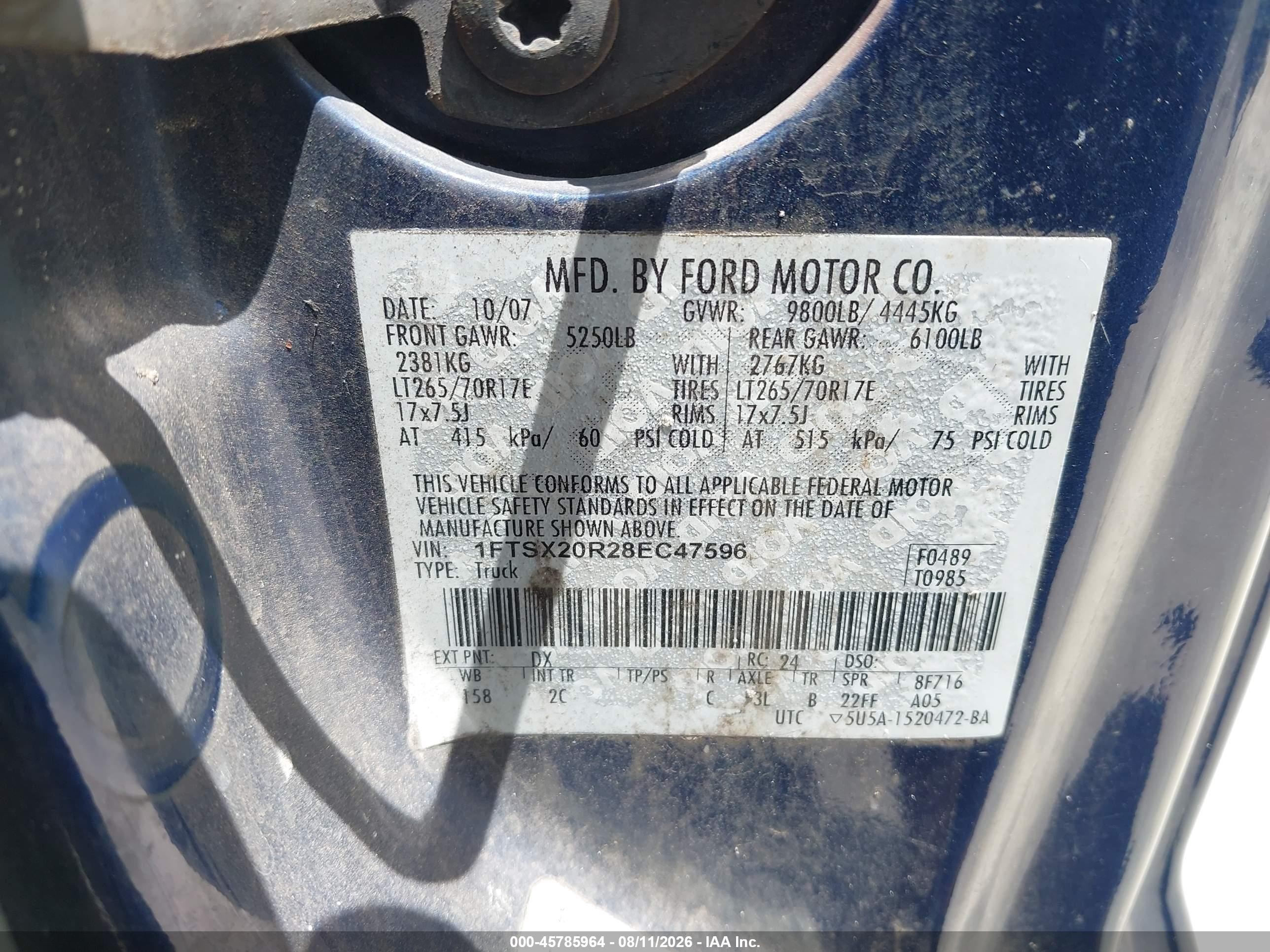 2008 Ford F-250 Xlt Blue vin: 1FTSX20R28EC47596