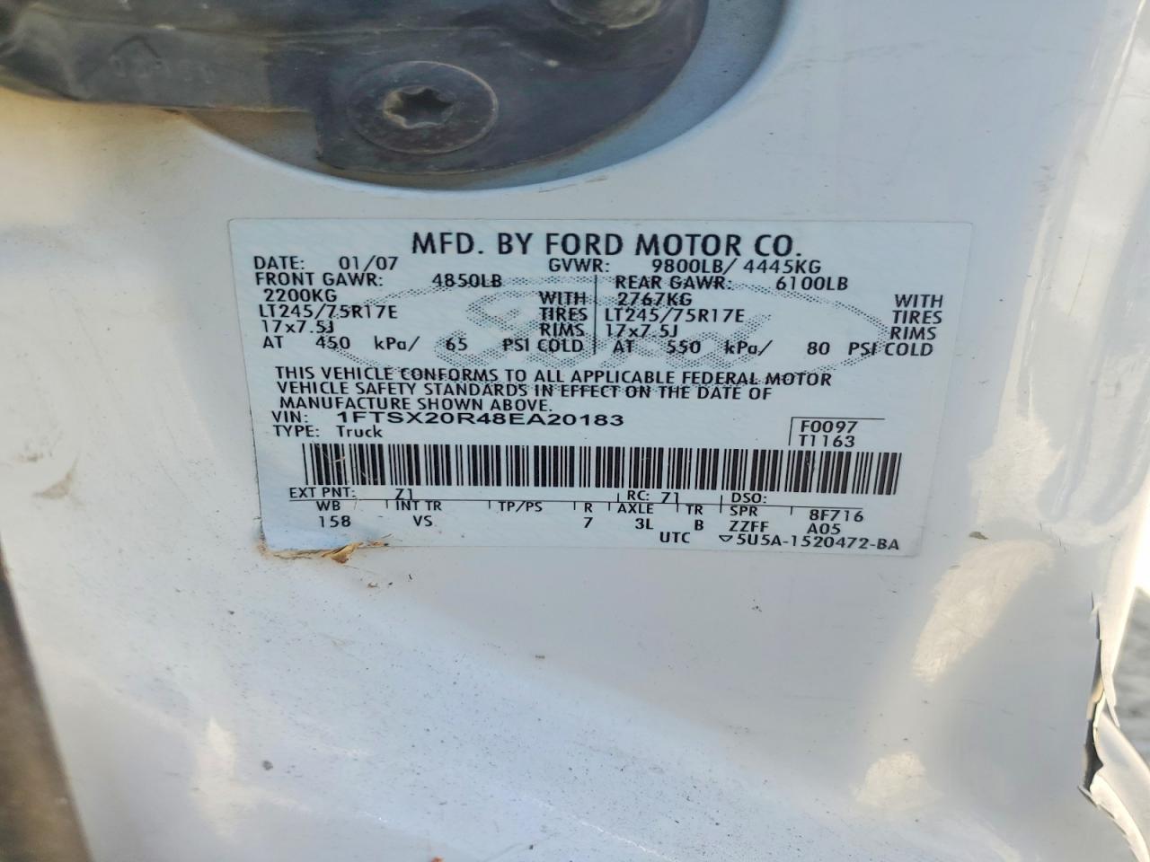 2008 Ford F250 Super Duty White vin: 1FTSX20R48EA20183