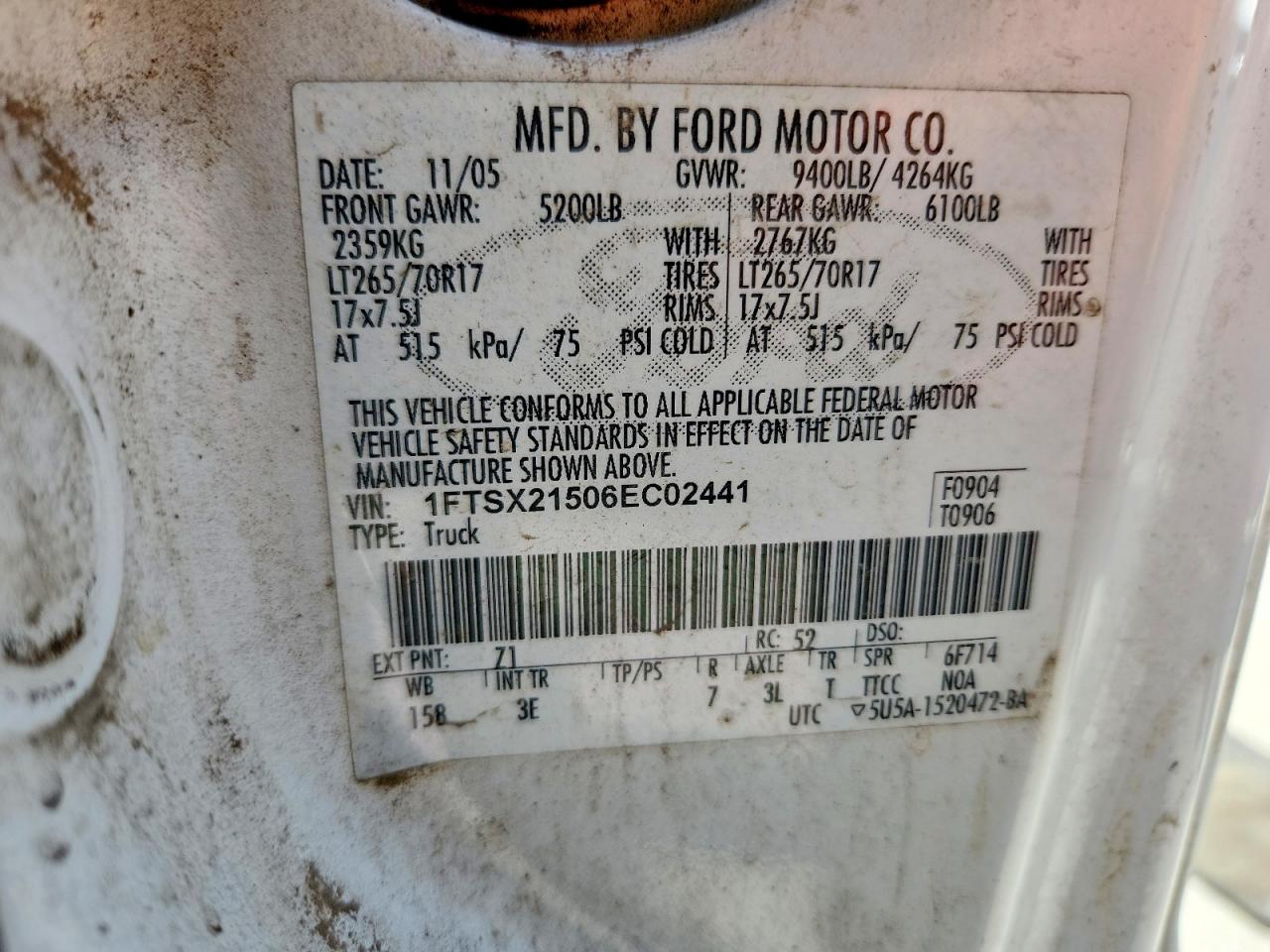 2006 Ford F250 Super Duty White vin: 1FTSX21506EC02441