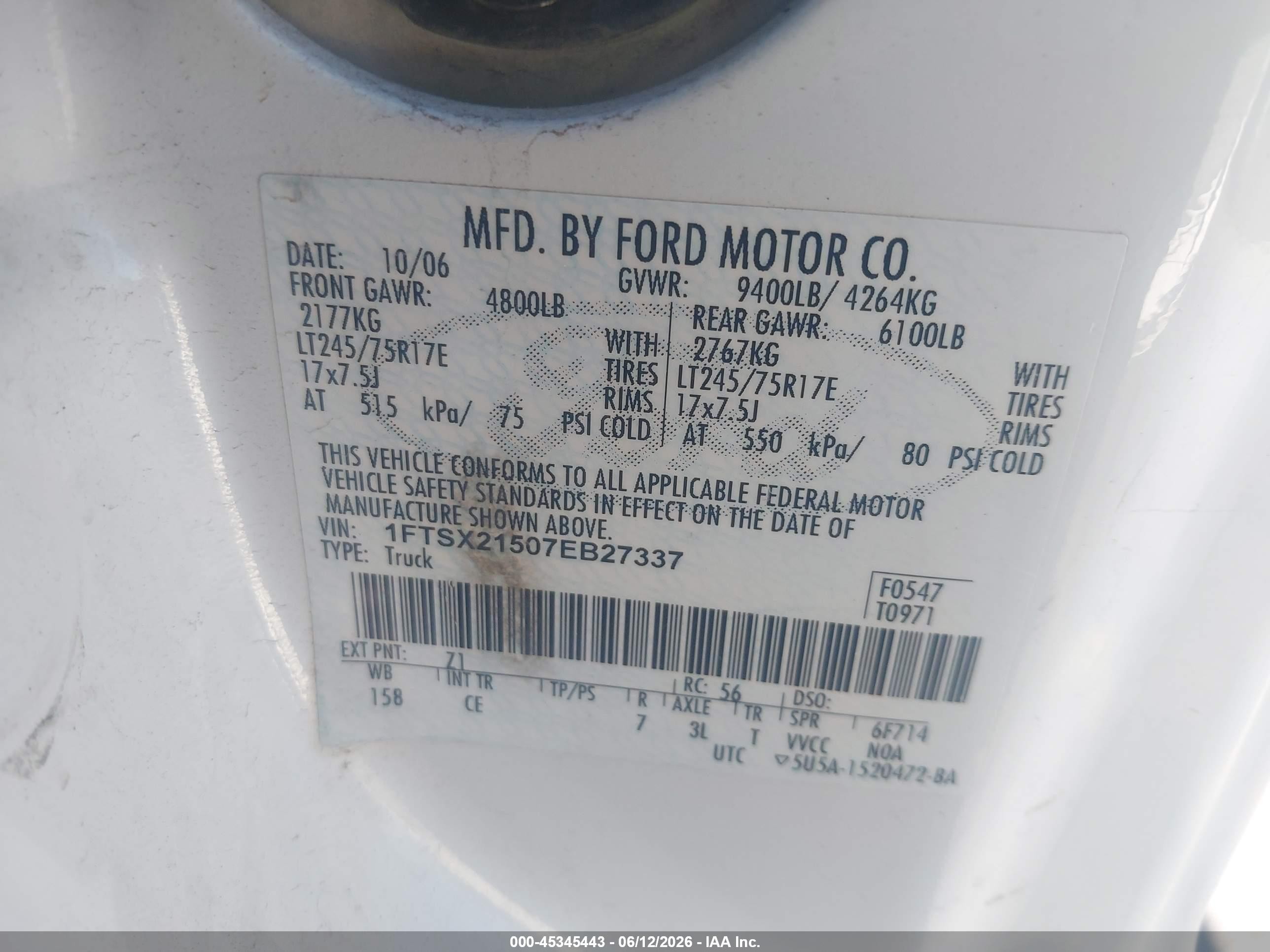 2007 Ford F-250 Lariat/xl/xlt White vin: 1FTSX21507EB27337