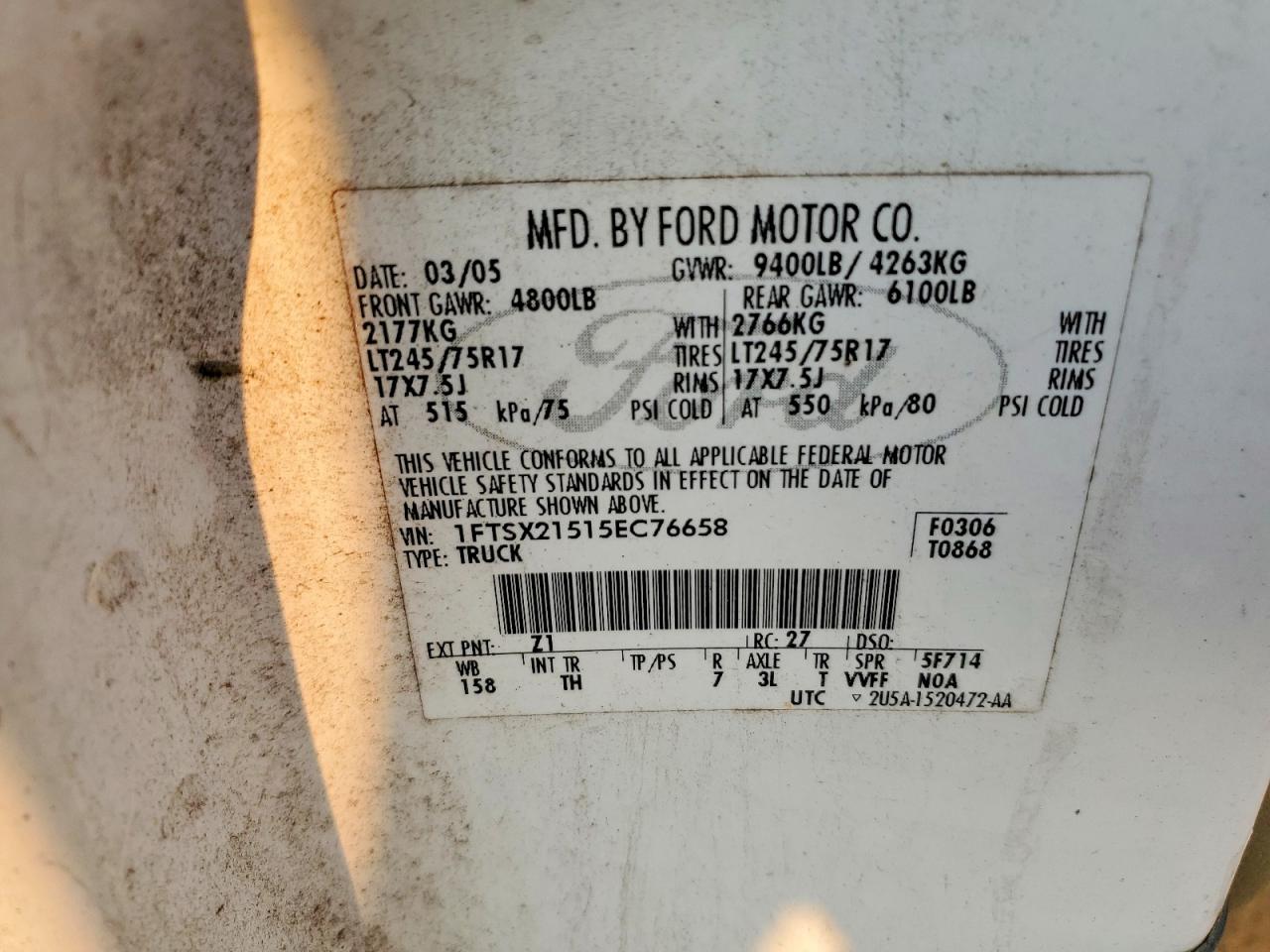 2005 Ford F250 Super Duty White vin: 1FTSX21515EC76658