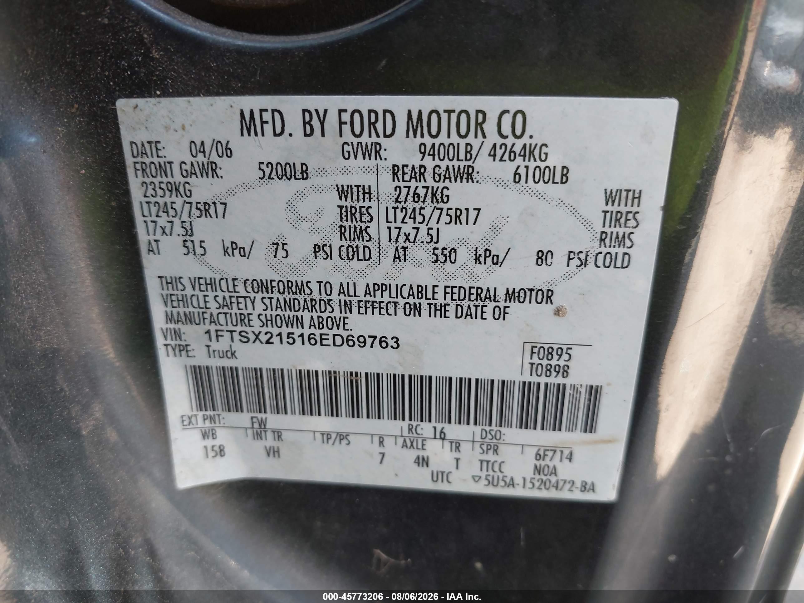 2006 Ford F-250 Lariat/xl/xlt Черный vin: 1FTSX21516ED69763