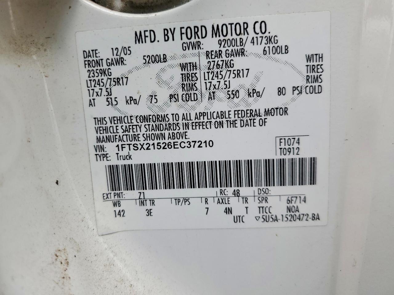 2006 Ford F250 Super Duty White vin: 1FTSX21526EC37210