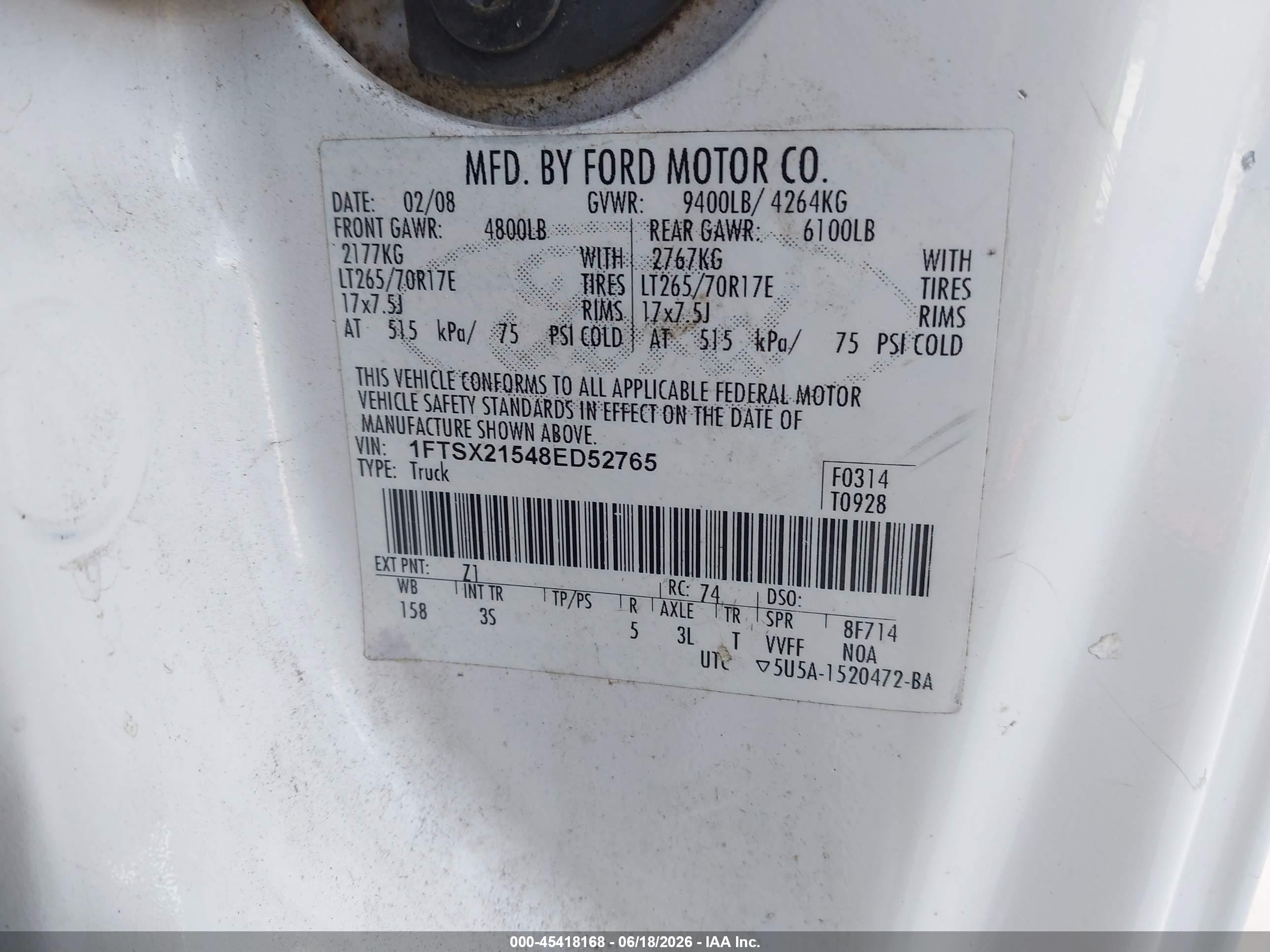 2008 Ford F-250 Fx4/lariat/xl/xlt White vin: 1FTSX21548ED52765