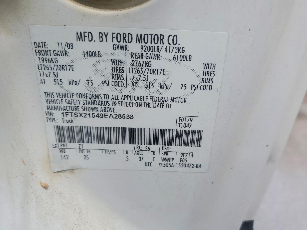 2009 Ford F250 Super Duty Белый vin: 1FTSX21549EA28538