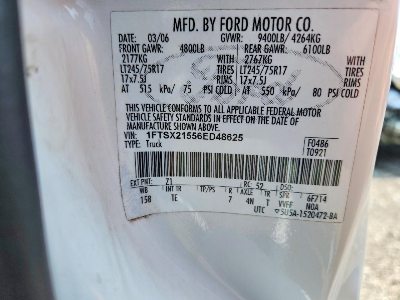 2006 Ford F250 Super Duty White vin: 1FTSX21556ED48625
