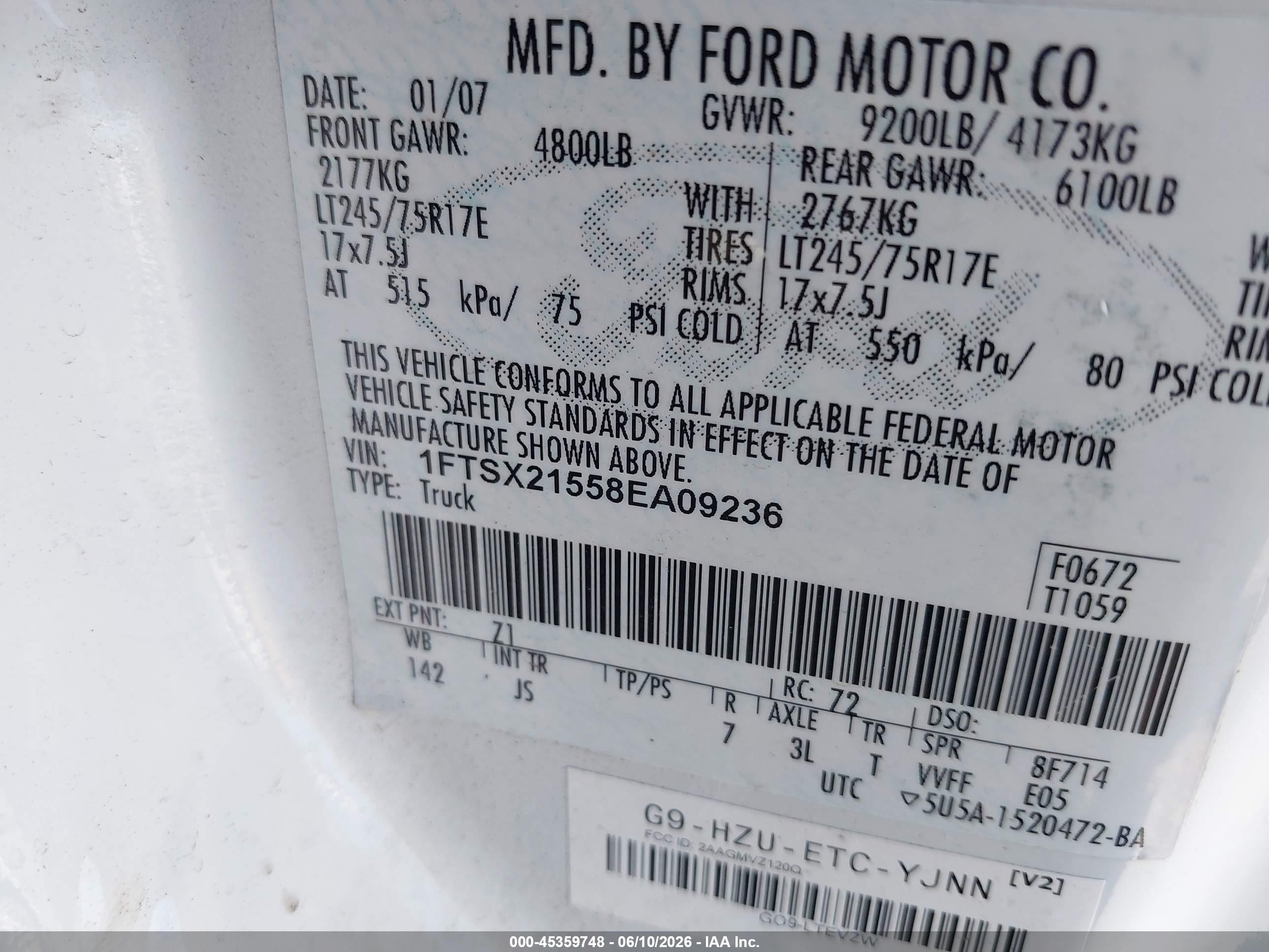 2008 Ford F-250 Fx4/lariat/xl/xlt White vin: 1FTSX21558EA09236