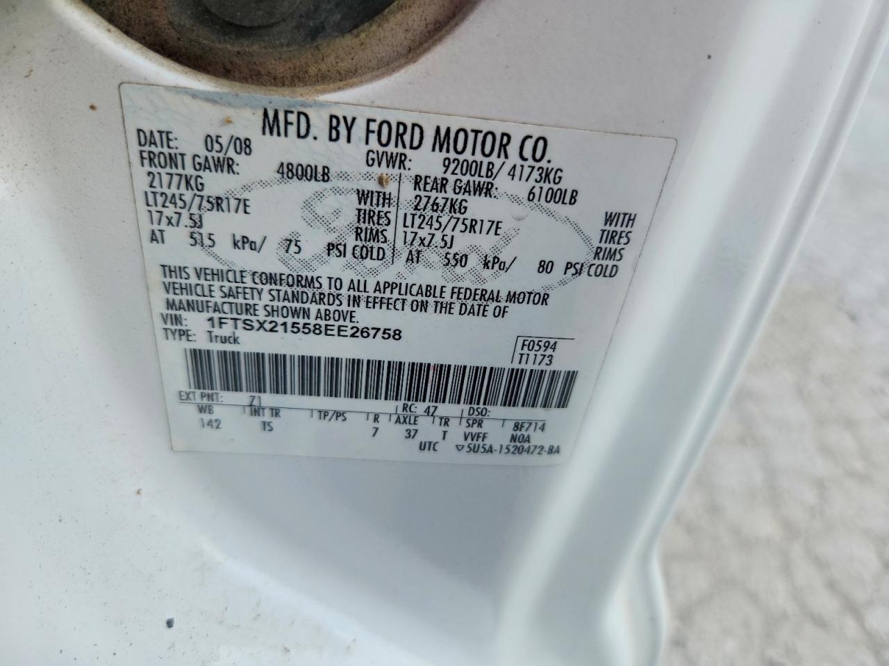 2008 Ford F250 Super Duty White vin: 1FTSX21558EE26758