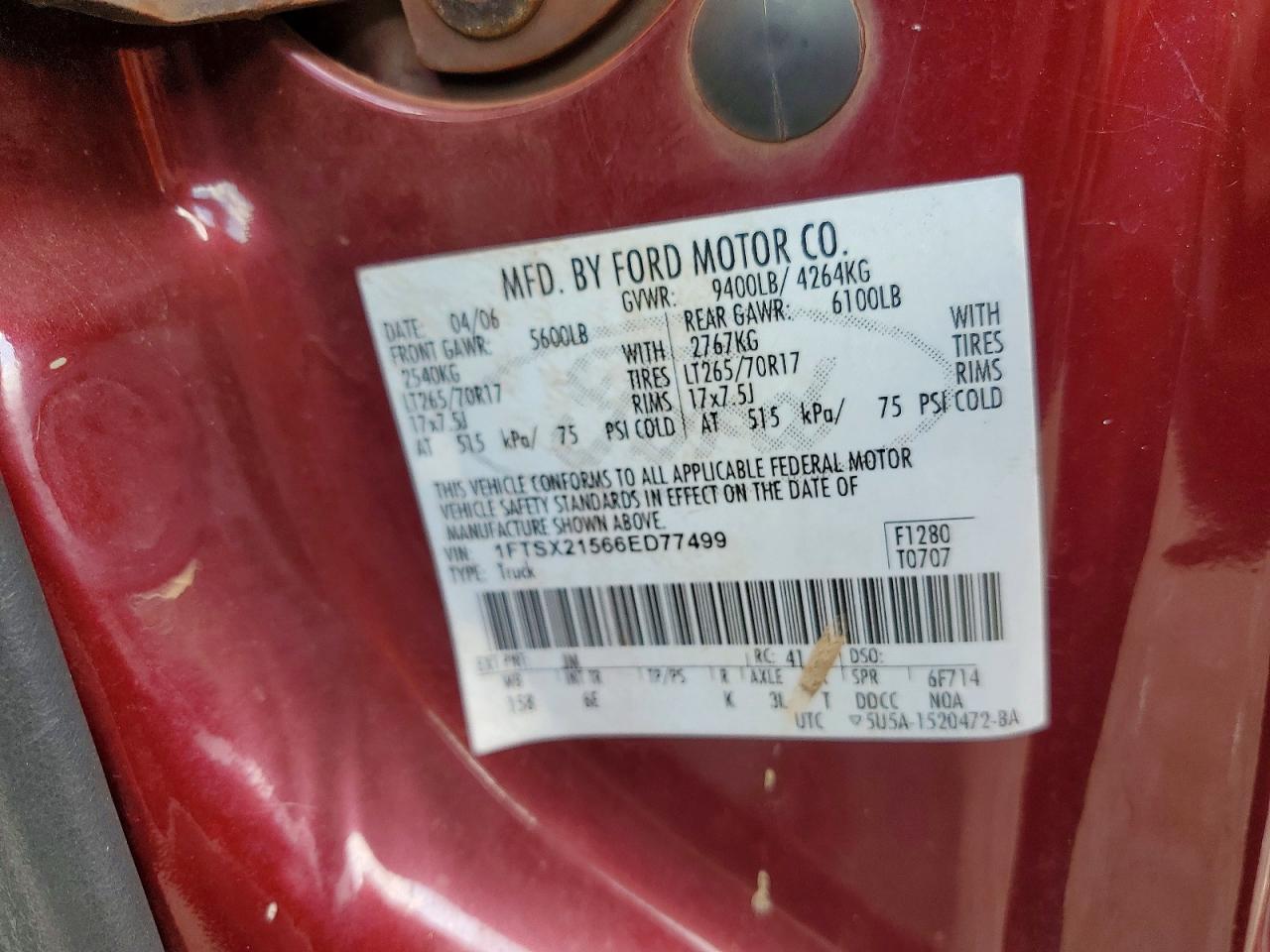 2006 Ford F250 Super Duty Burgundy vin: 1FTSX21566ED77499