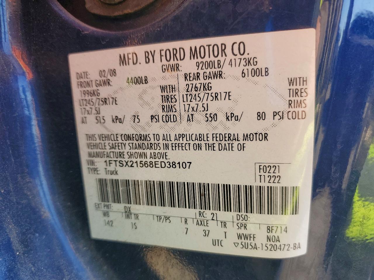 2008 Ford F250 Super Duty Blue vin: 1FTSX21568ED38107