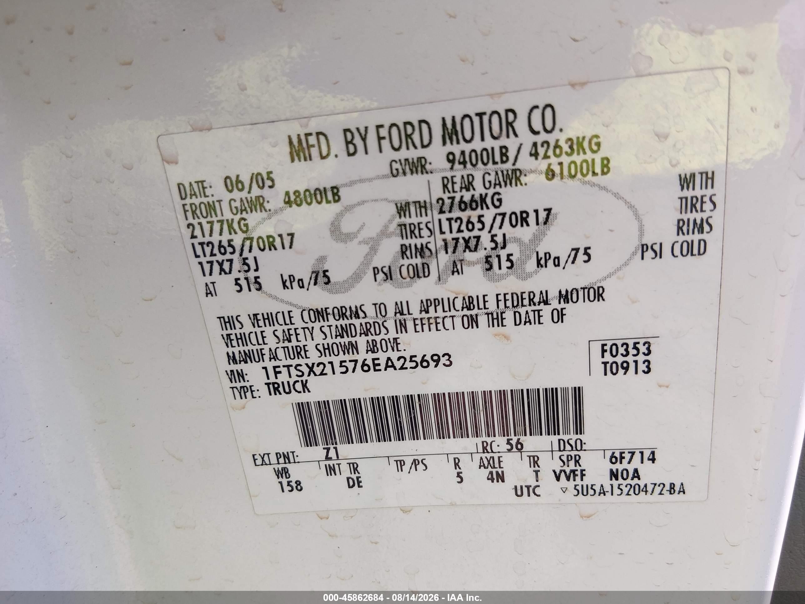 2006 Ford F-250 Lariat/xl/xlt White vin: 1FTSX21576EA25693