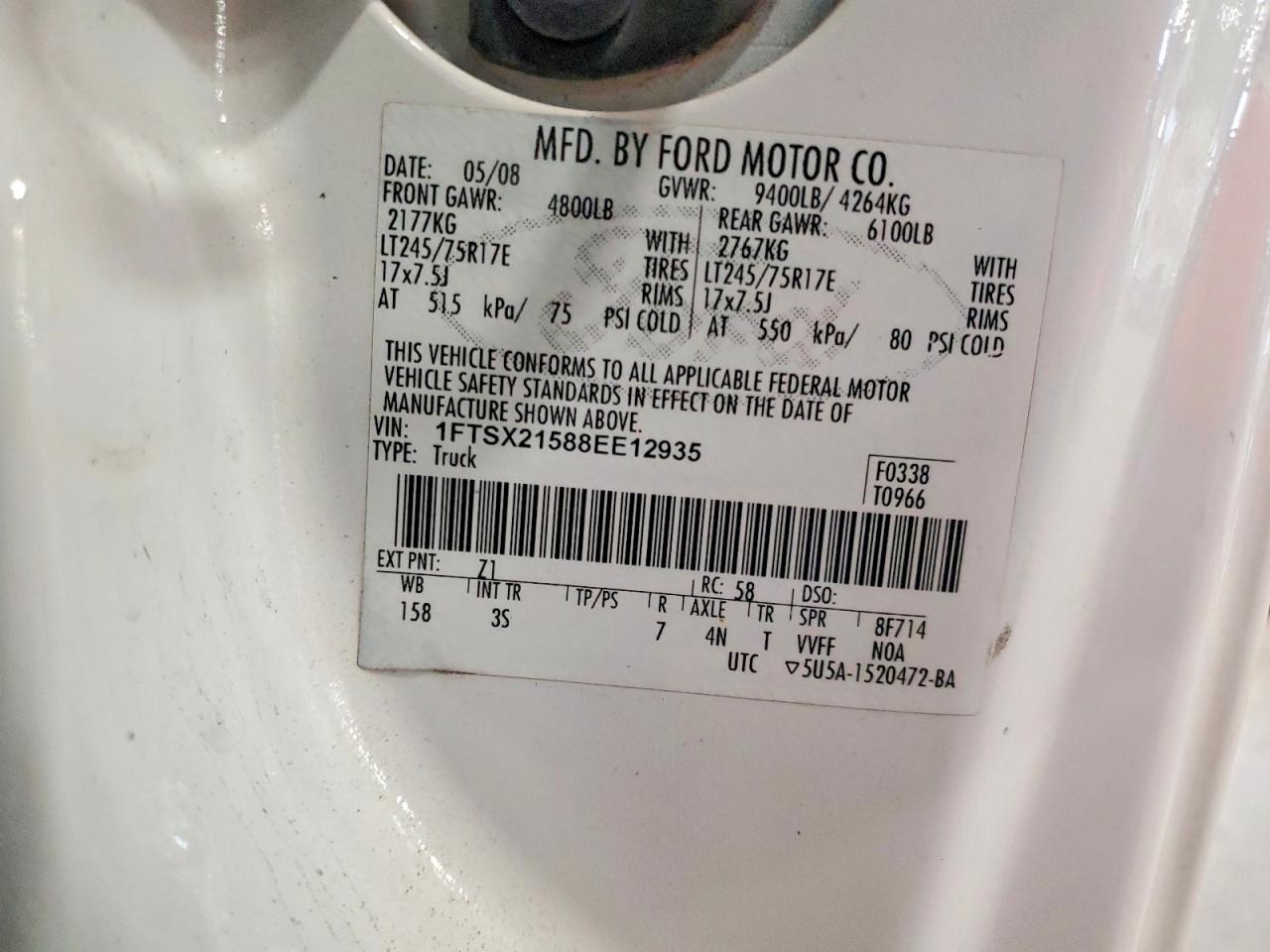 2008 Ford F250 Super Duty White vin: 1FTSX21588EE12935