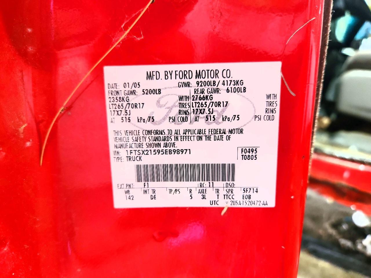 2005 Ford F250 Super Duty Red vin: 1FTSX21595EB98971