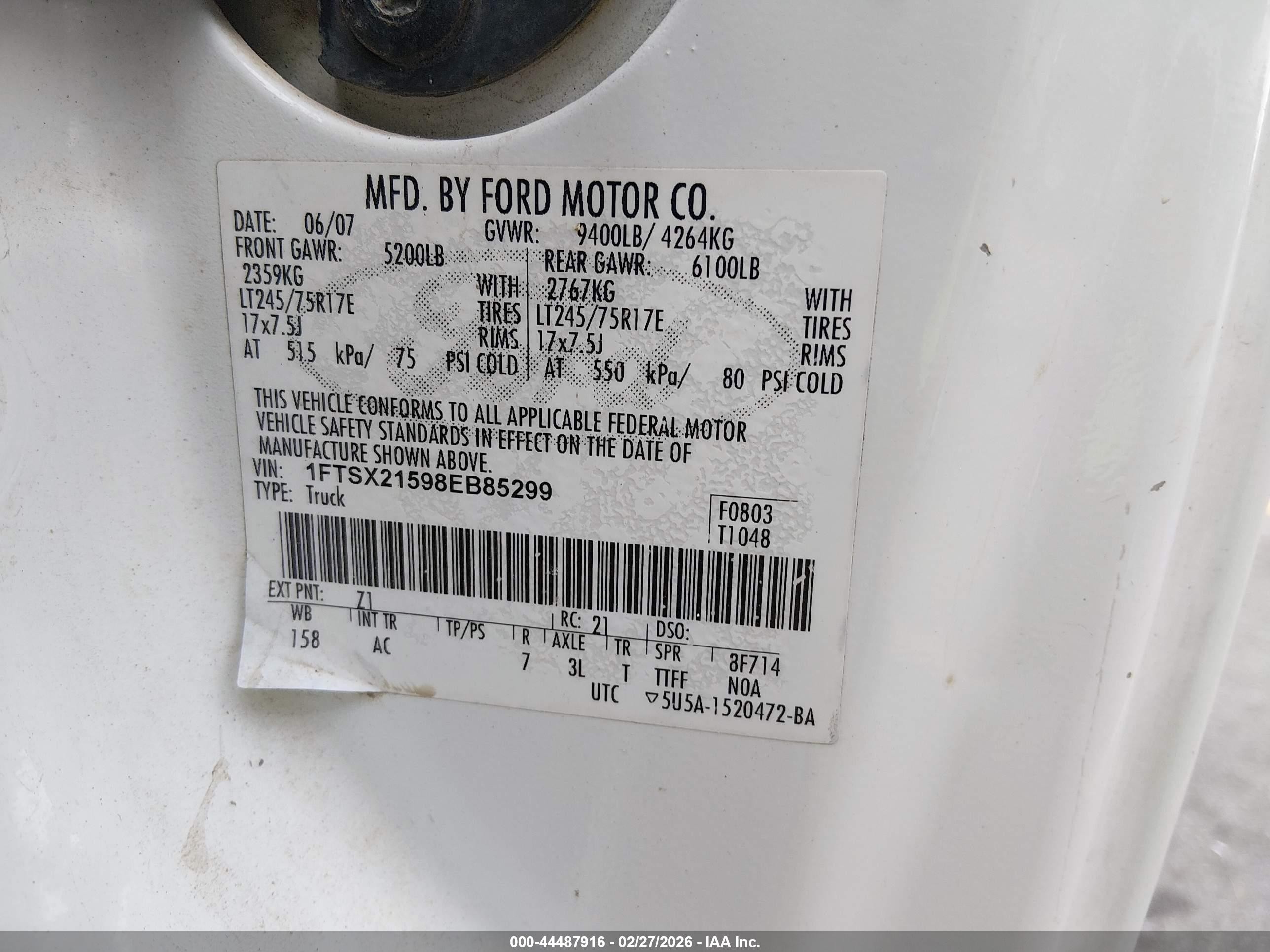 2008 Ford F-250 White vin: 1FTSX21598EB85299