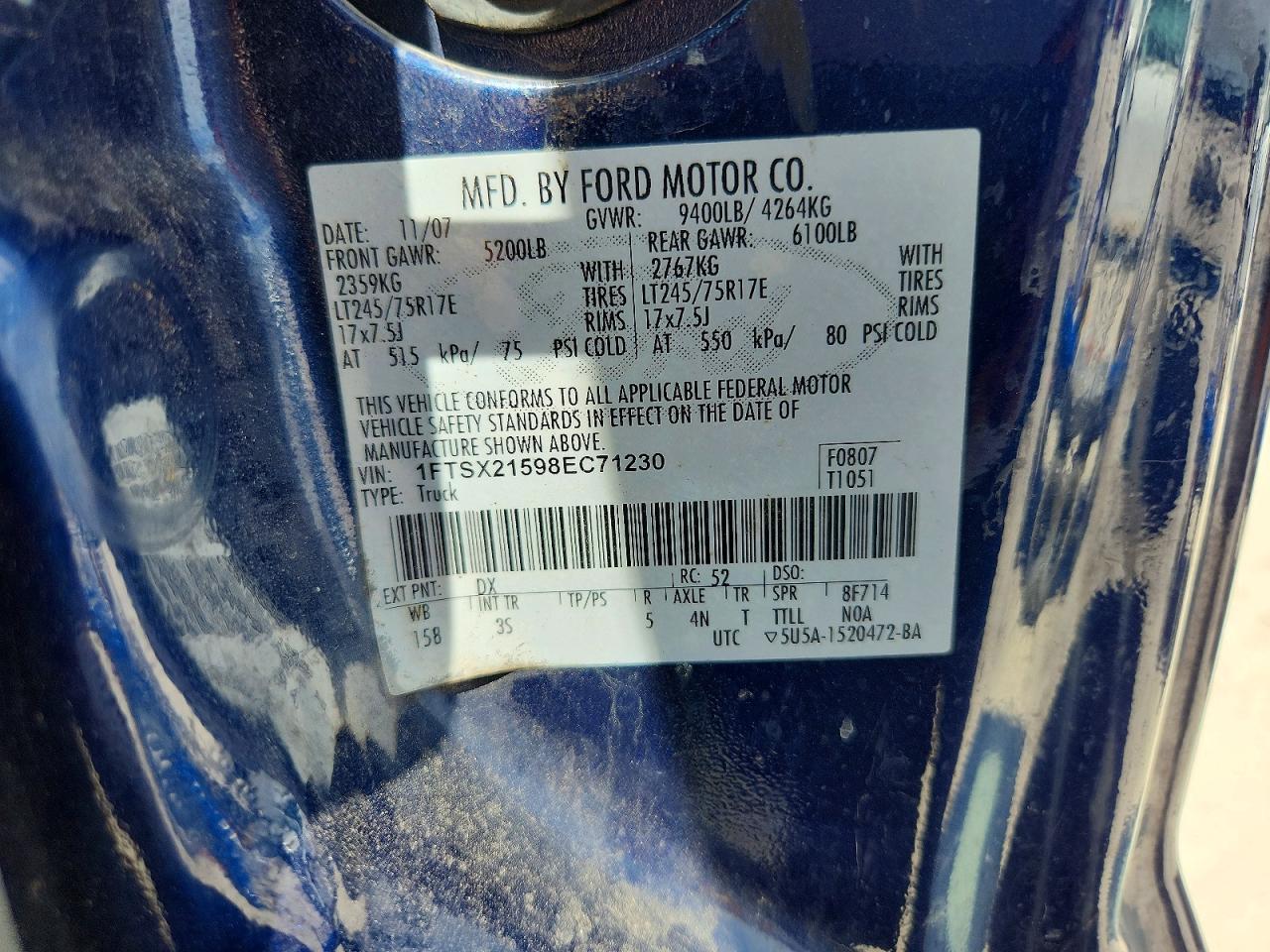 2008 Ford F250 Super Duty Blue vin: 1FTSX21598EC71230