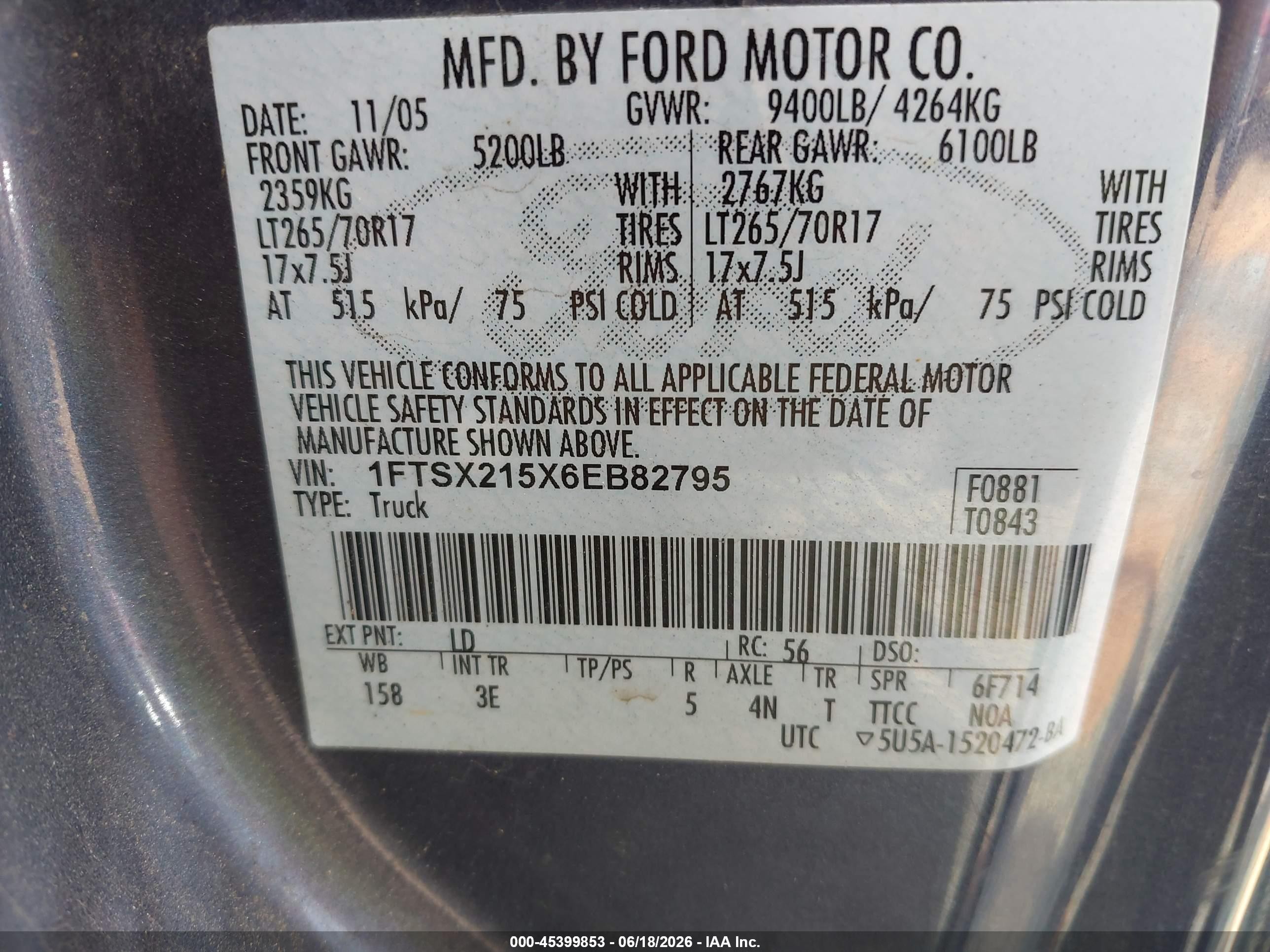 2006 Ford F-250 Lariat/xl/xlt Blue vin: 1FTSX215X6EB82795