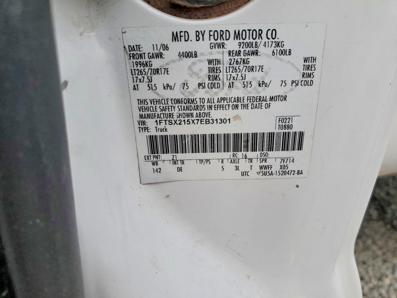 2007 Ford F250 Super Duty White vin: 1FTSX215X7EB31301