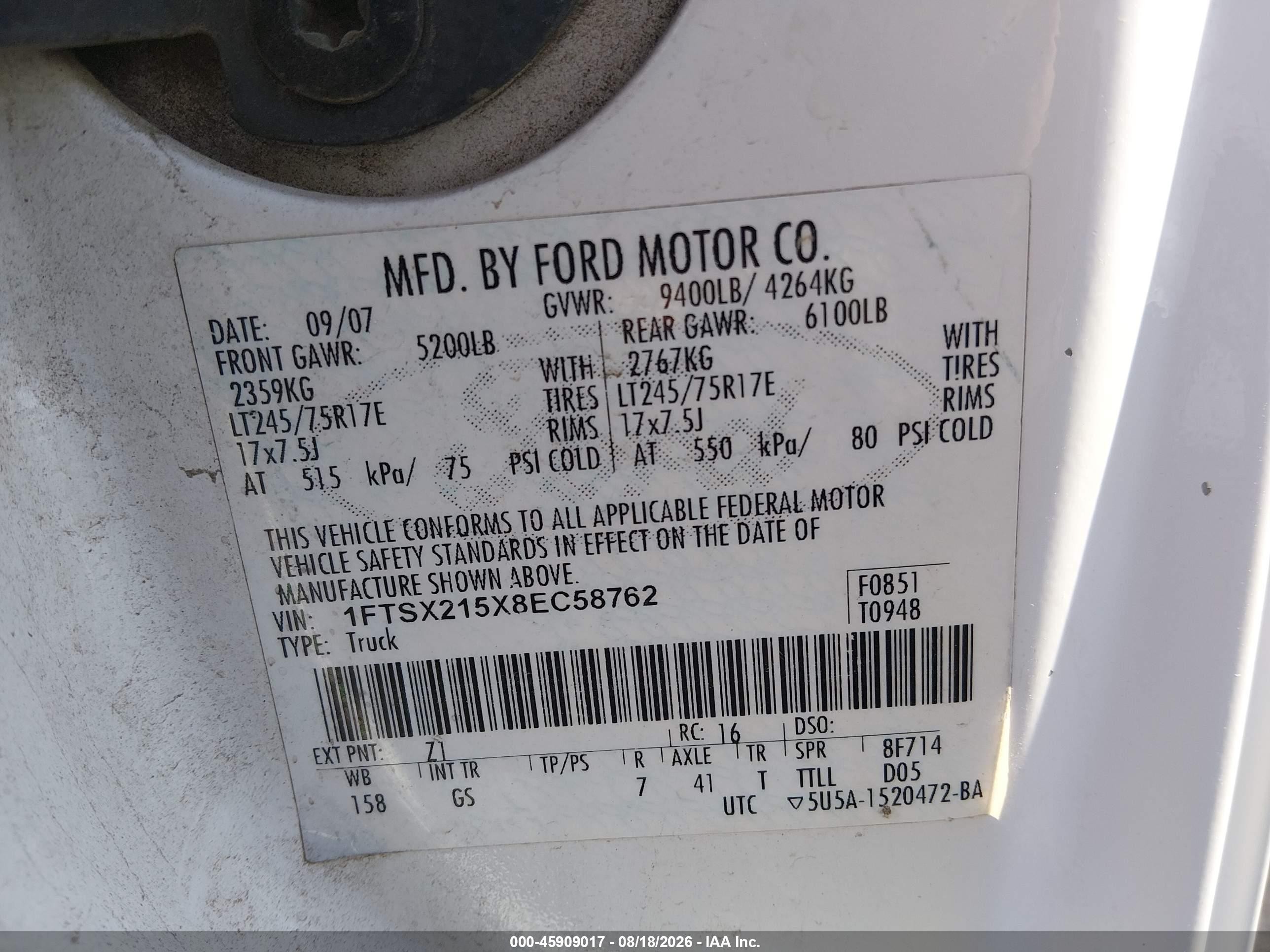 2008 Ford Super Duty F-250 Srw Fx4/lariat/xl/xlt White vin: 1FTSX215X8EC58762