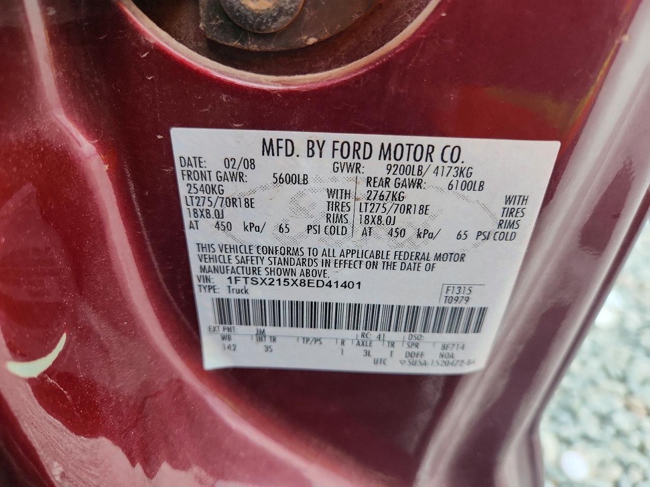 2008 Ford F250 Super Duty Burgundy vin: 1FTSX215X8ED41401