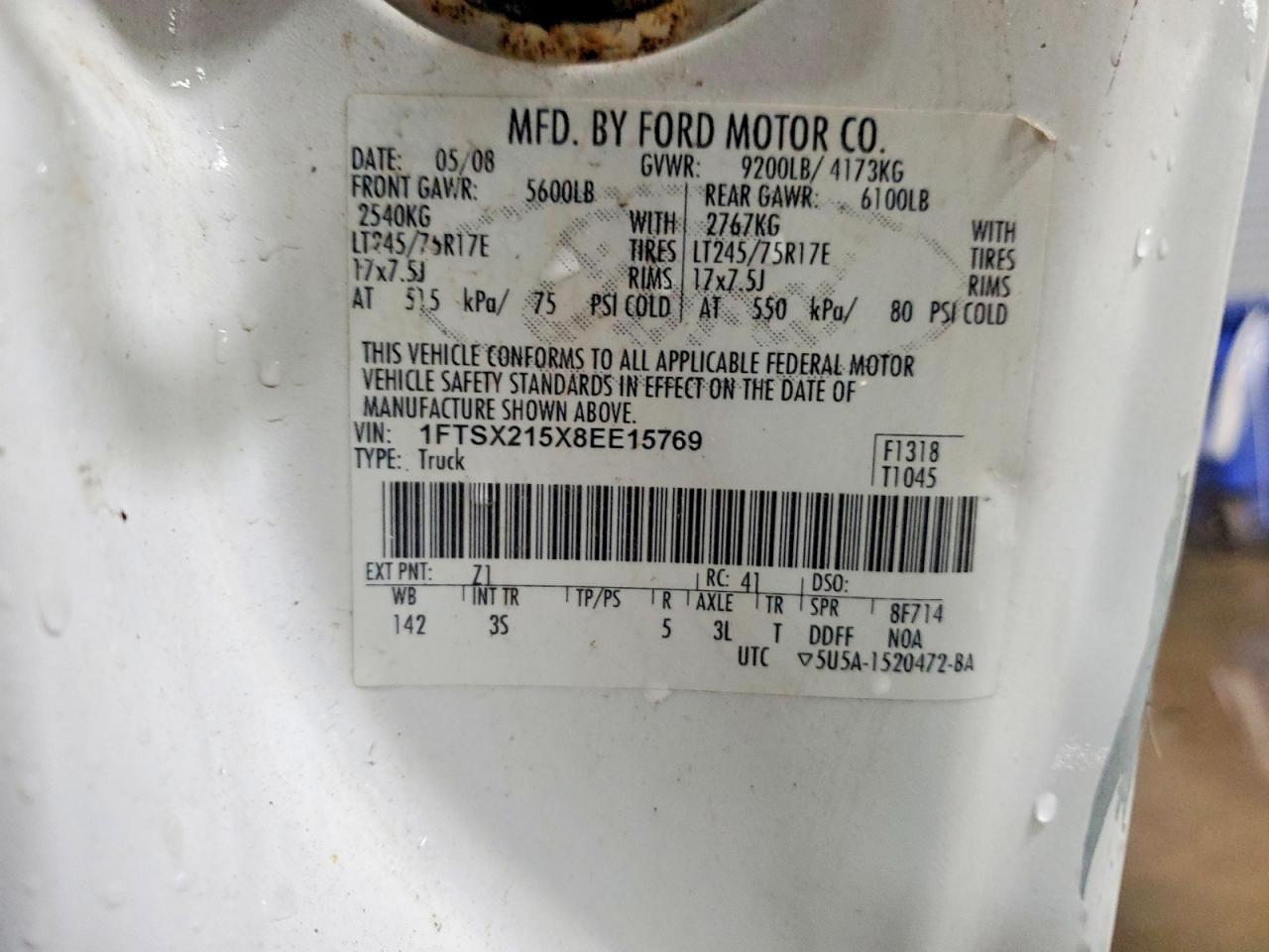 2008 Ford F250 Super Duty White vin: 1FTSX215X8EE15769