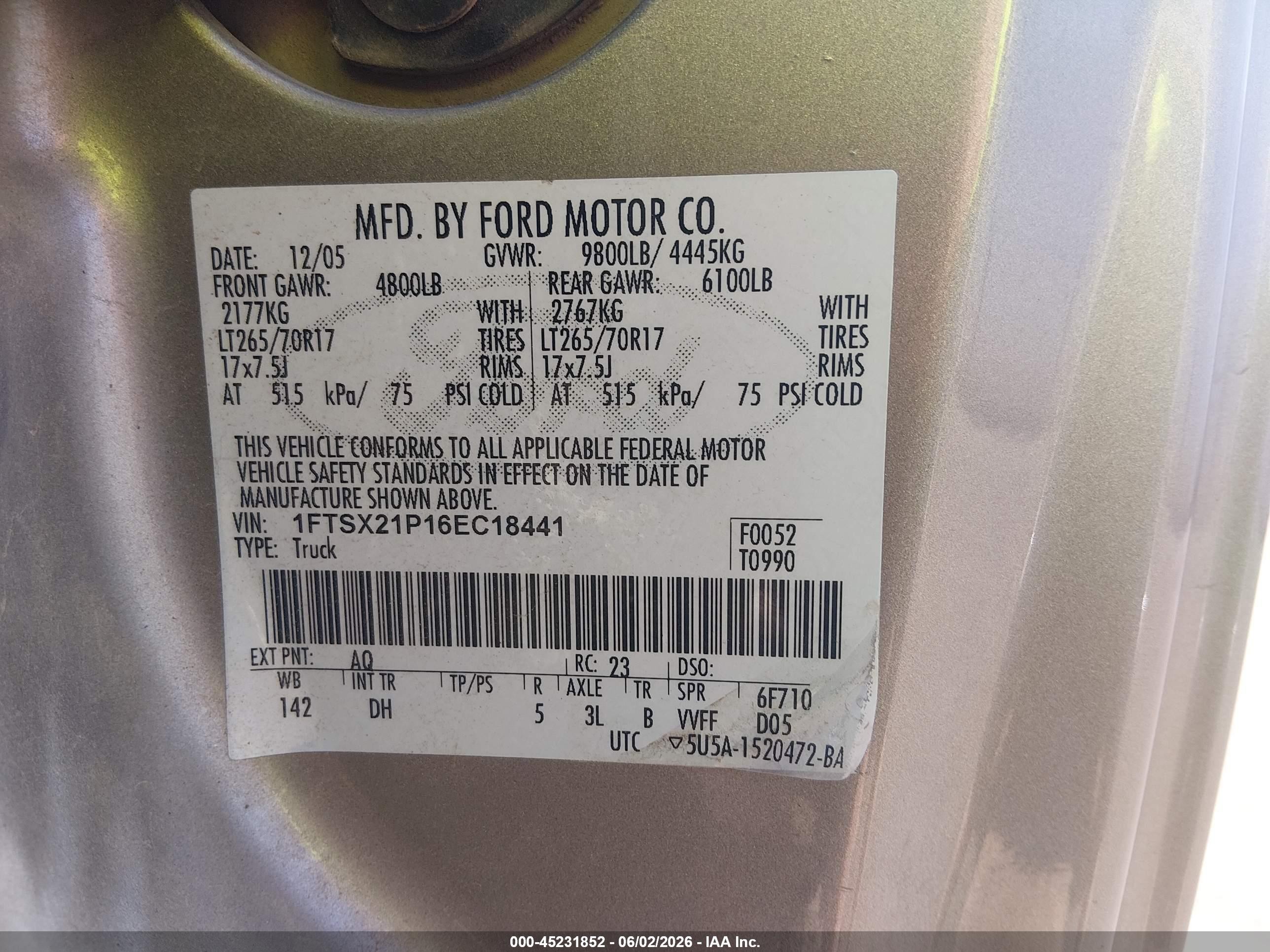 2006 Ford F-250 Lariat/xl/xlt Beige vin: 1FTSX21P16EC18441
