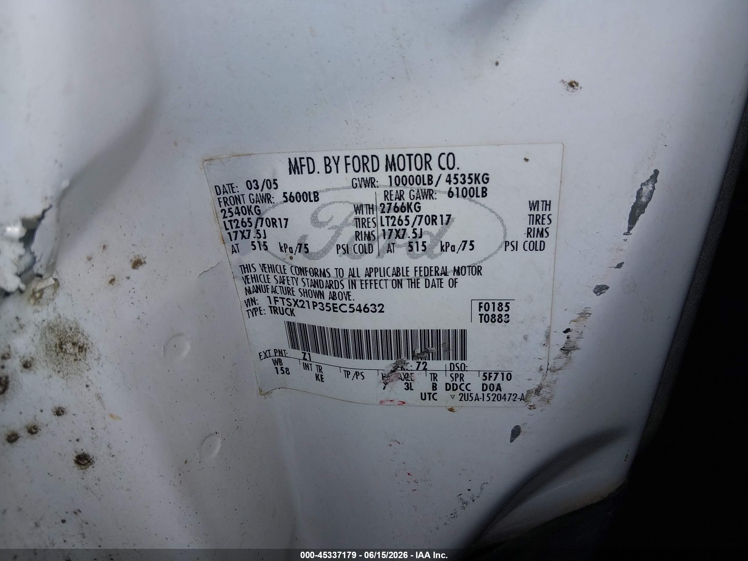 2005 Ford F-250 Lariat/xl/xlt White vin: 1FTSX21P35EC54632