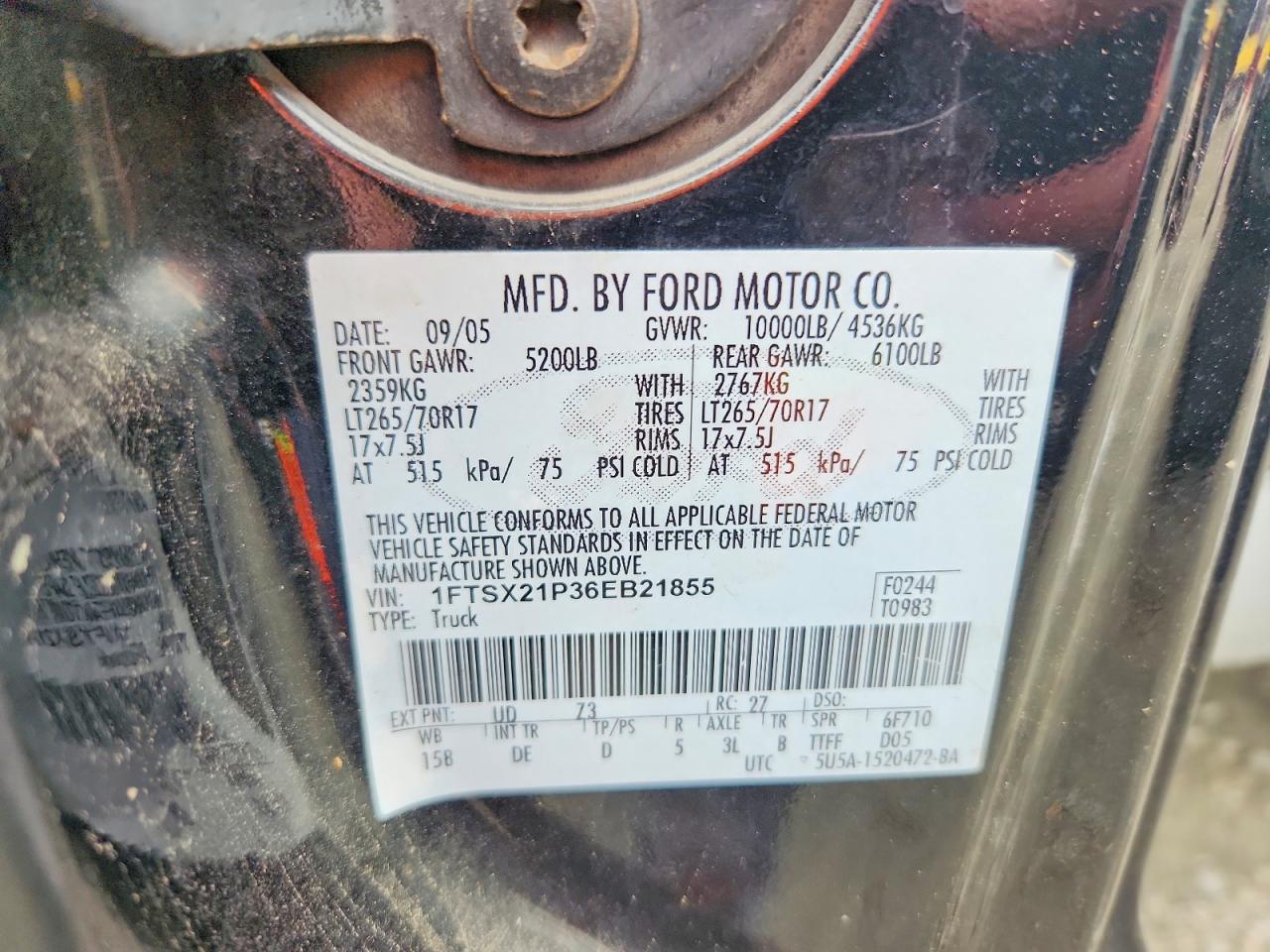2006 Ford F250 Super Duty Black vin: 1FTSX21P36EB21855