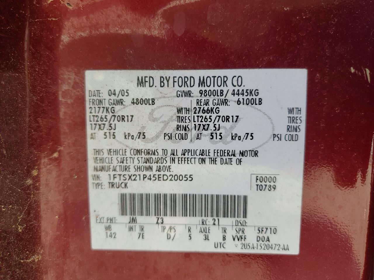 2005 Ford F250 Super Duty Burgundy vin: 1FTSX21P45ED20055