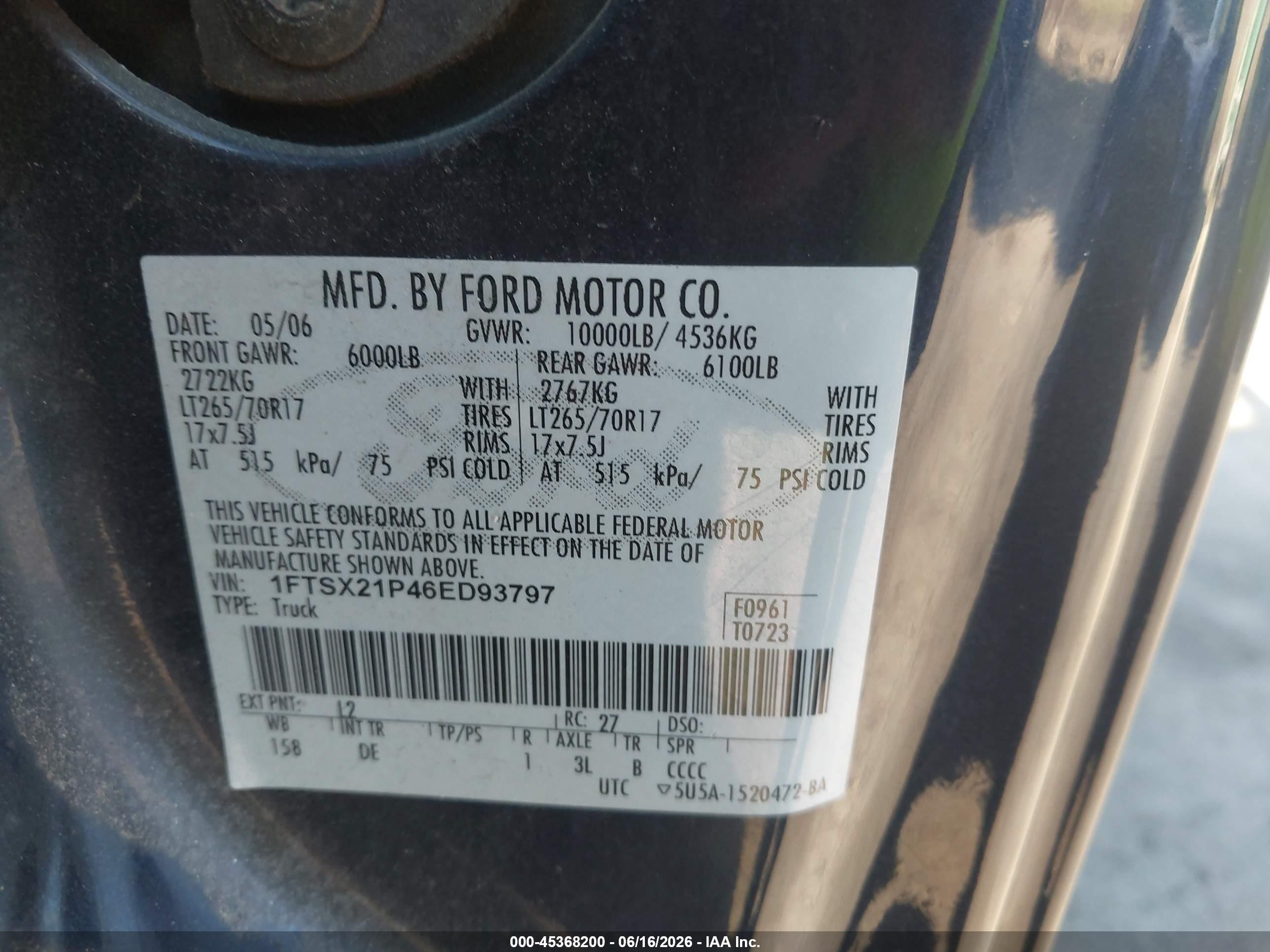 2006 Ford F-250 Lariat/xl/xlt Dark Blue vin: 1FTSX21P46ED93797