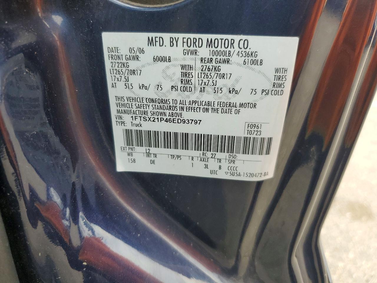 2006 Ford F250 Super Duty Синий vin: 1FTSX21P46ED93797